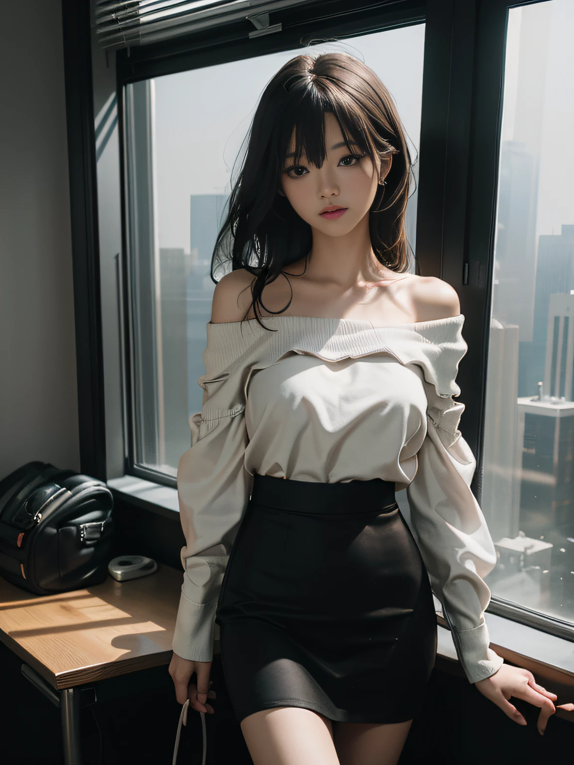 top-quality、masterpiece、超A high resolution、(Photorealsitic:1.4)、Raw photo、1人、off shoulder black tight skirt、(girl standing by the window in the office)、(Outside the window, a skyscraper is hazy)