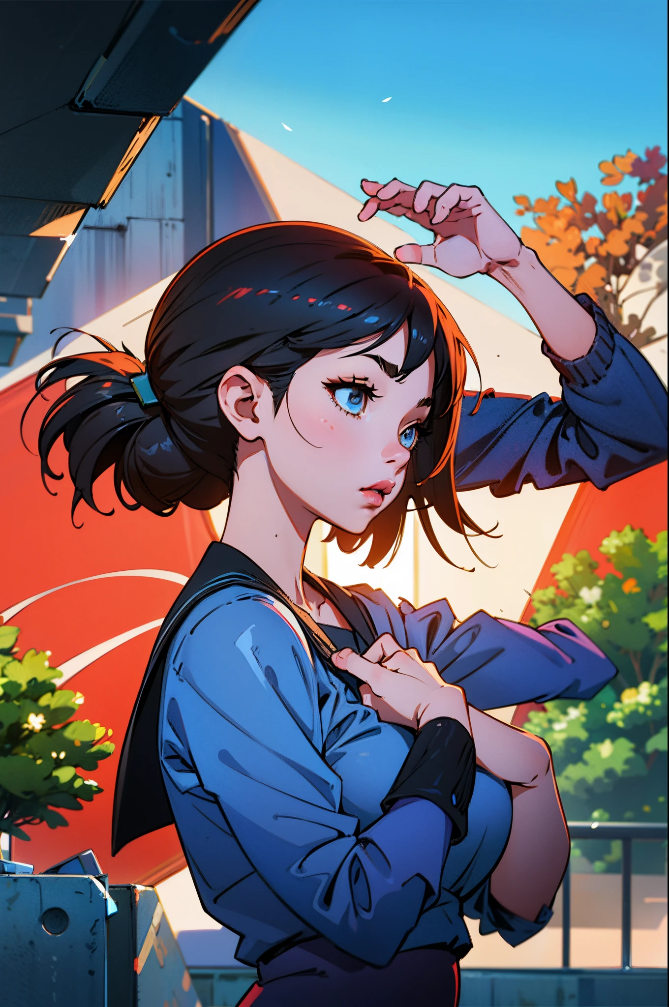 Anime art, masterpiece, perfect hands and eyes, school girl, from side body, looking at sun, hands up covering sunlight from her face, black short hair, medium breast