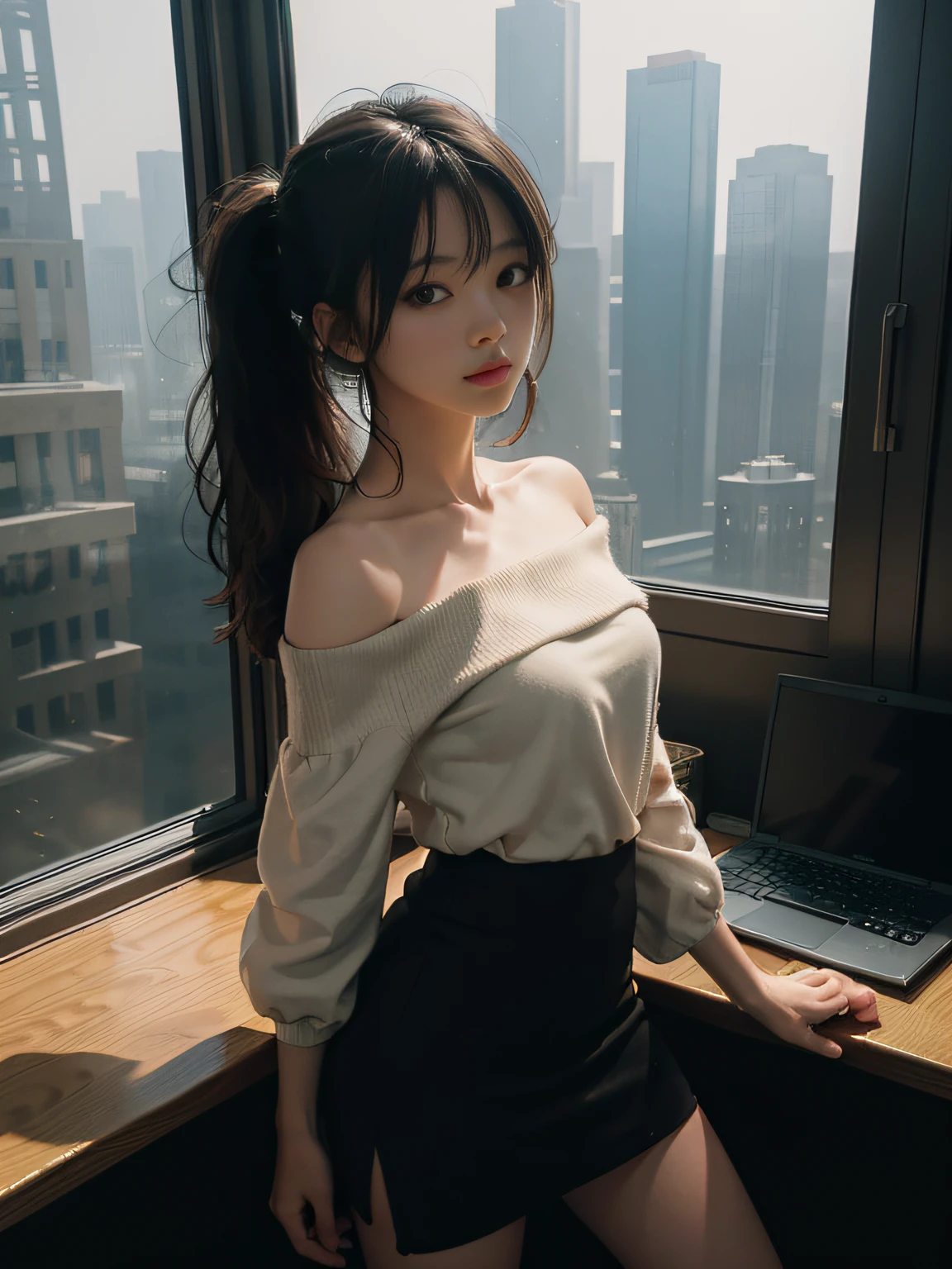 top-quality、masterpiece、超A high resolution、(Photorealsitic:1.4)、Raw photo、1人、off shoulder black tight skirt、(girl standing by the window in the office)、(Skyscrapers are hazy outside the window)