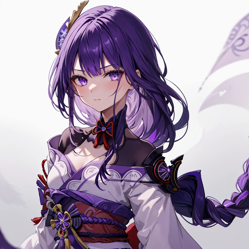 raidenshogundef, raidenshogunrnd, long braided hair, purple hair, fair skin, upper body, half-body adaptable, closed mouth, white background, simple background, basic background, looking at viewer, moody lighting, facing viewer,