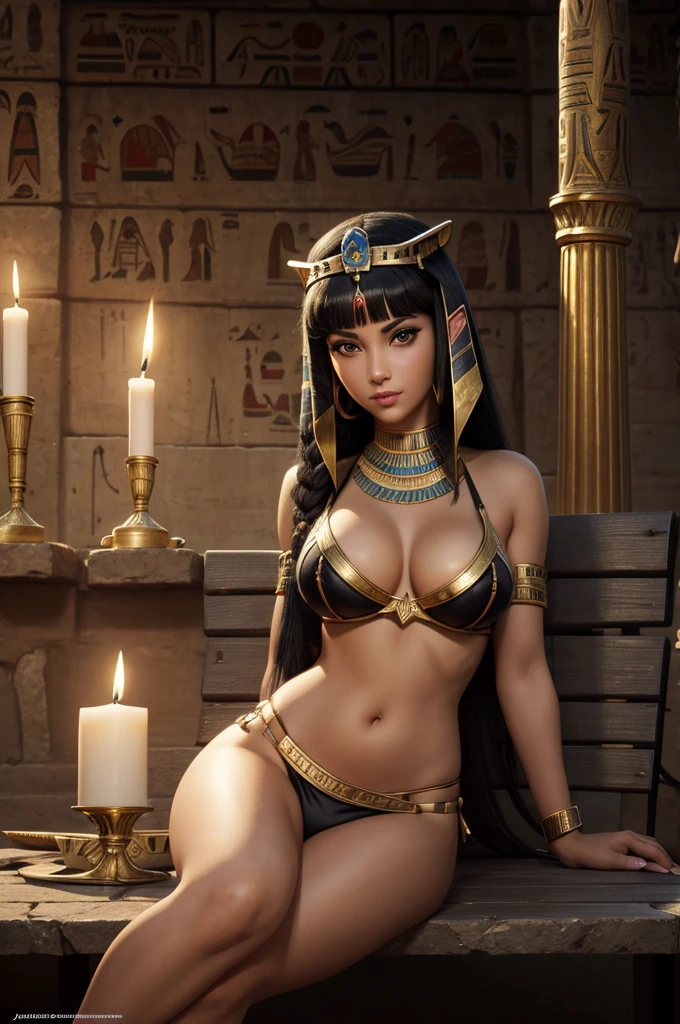 arafed woman in a bikini sitting on a bench with a candle, egyptian art by Juan O'Gorman, Artstation contest winner, sots art, egyptian princess, commission for high res, beautiful cleopatra, cleopatra, pinup. lord of daggers, cleopatra in her palace, egyptian, full color illustration, bastet, commission for, pinup art