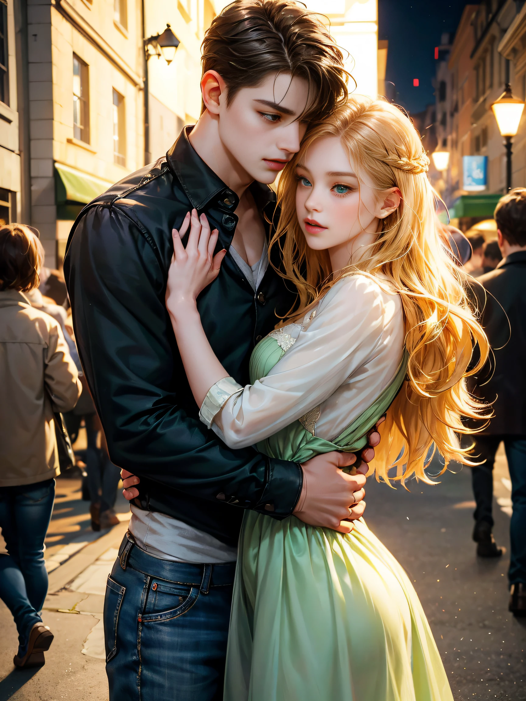 Couple, 1 girl 1 boy, different hair color, medium blonde hair, wavy hair, no bangs, green eyes. She wears a short dress, boy has black eyes, short brown hair. He wears shirt and jeans, height different, detailed face, detailed hands, they hug, they looks at the viewers. Background on street in the night