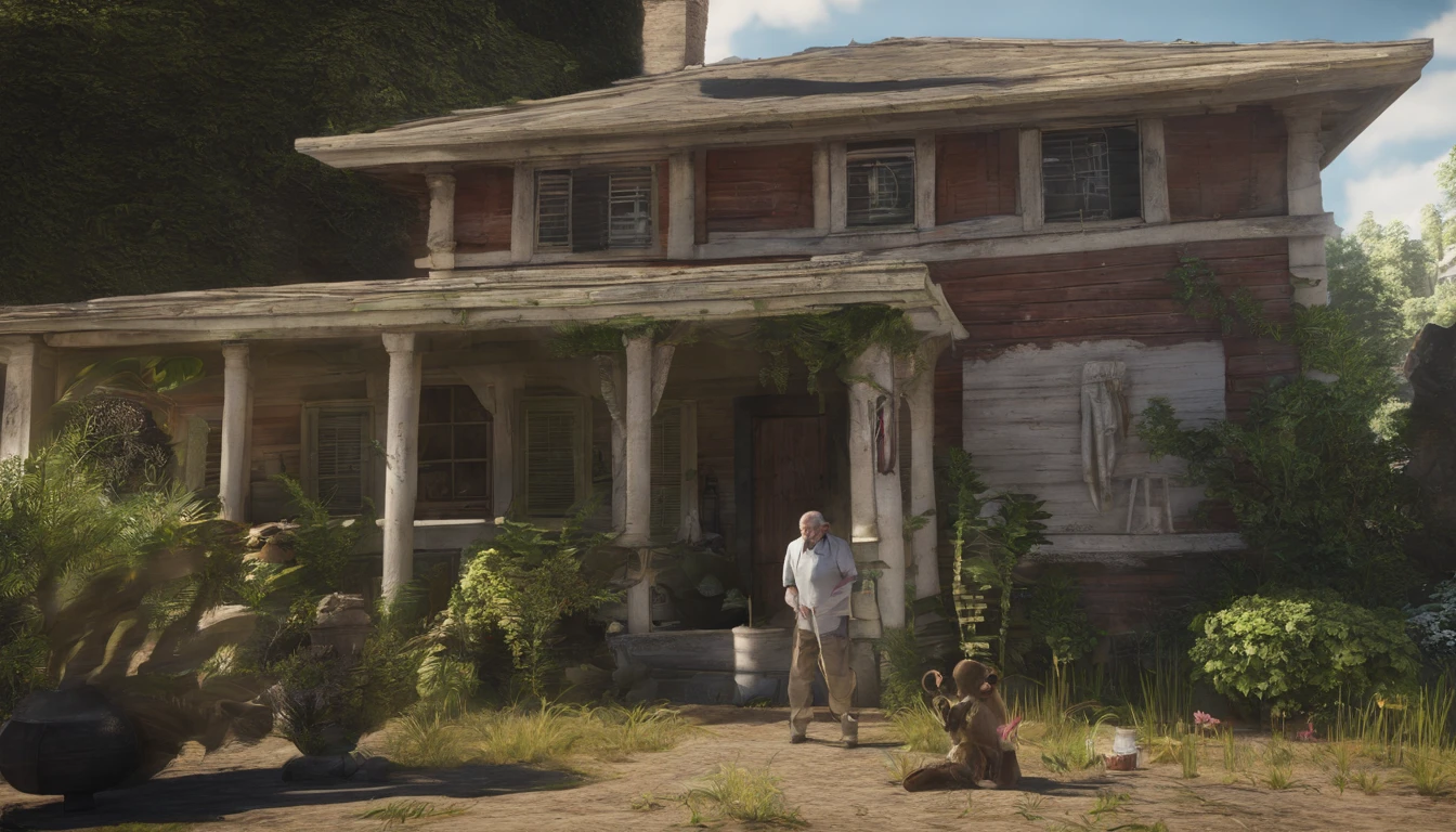Grandfather pointing inside and outside the house, indicating where each plant will be planted.