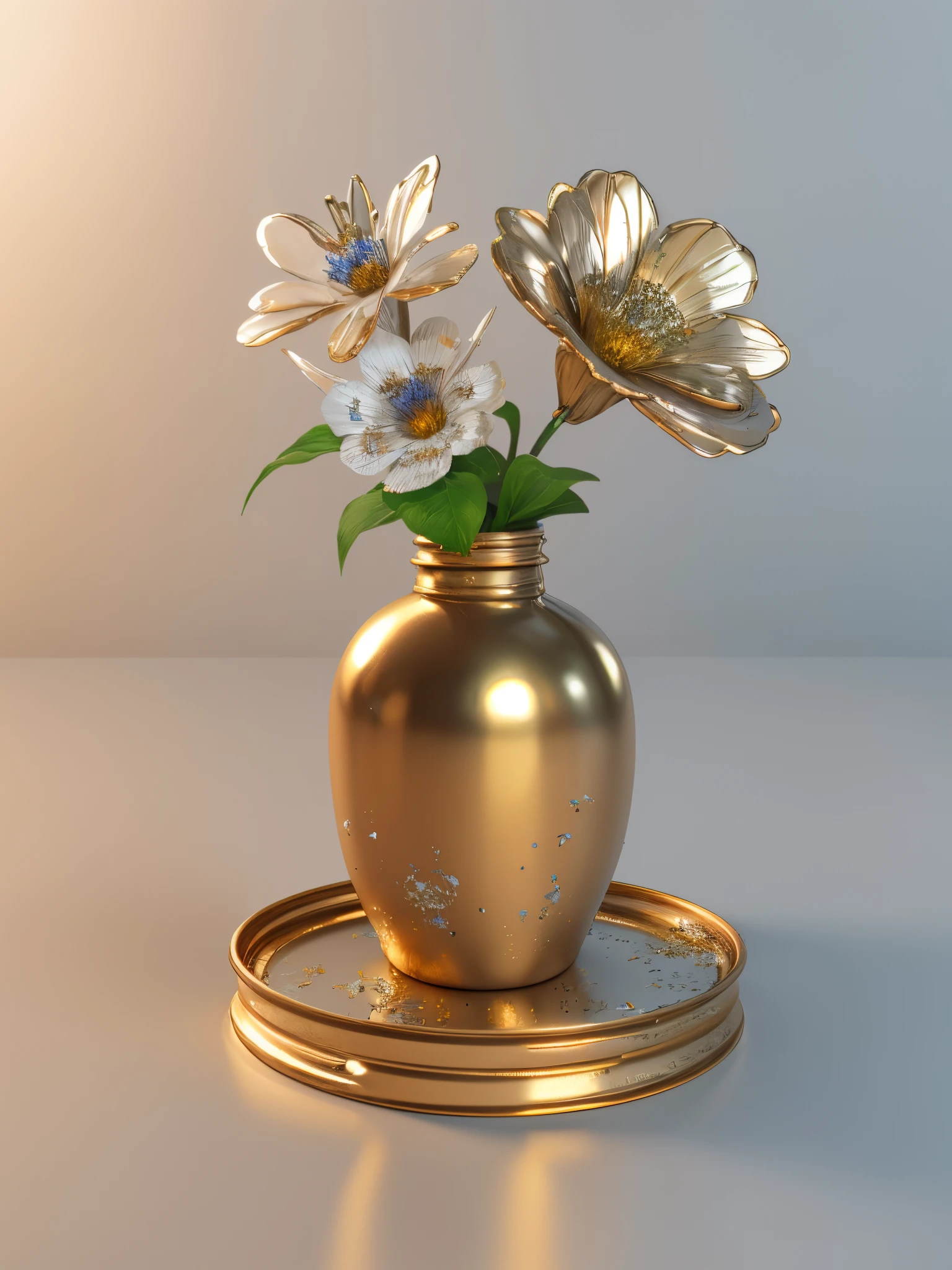 There are many metal flowers in the bottle,((metalictexture,bronze,Metallic paint texture,enamel))(Best quality at best,4K,8K,A high resolution,tmasterpiece:1.2), (actual,realisticlying,Photorealistic:1.37).