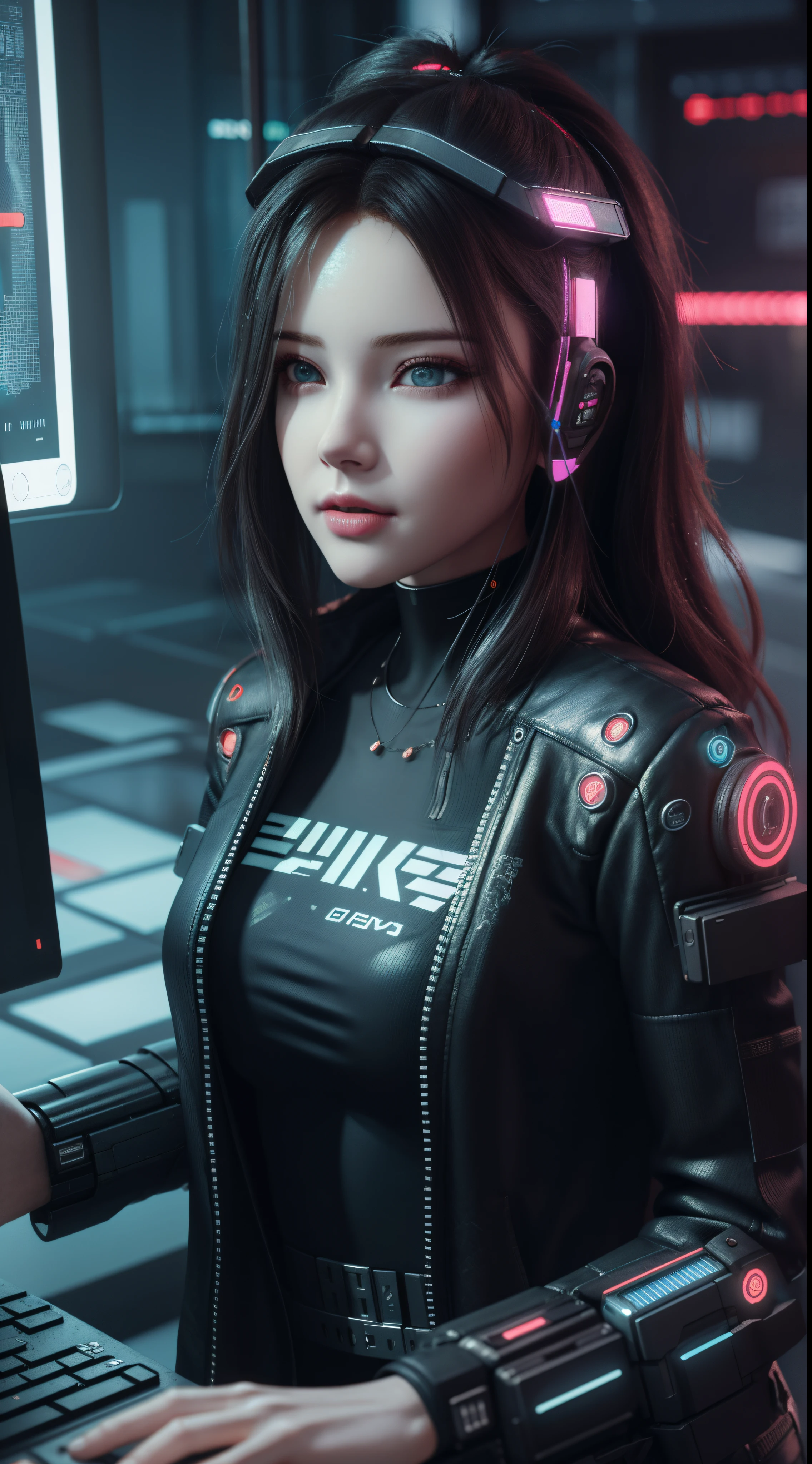 ((Best quality)), ((masterpiece)), (highly detailed:1.3), 3D, beautiful (cyberpunk:1.3) hacker woman with thick voluminous hair operating a computer terminal,