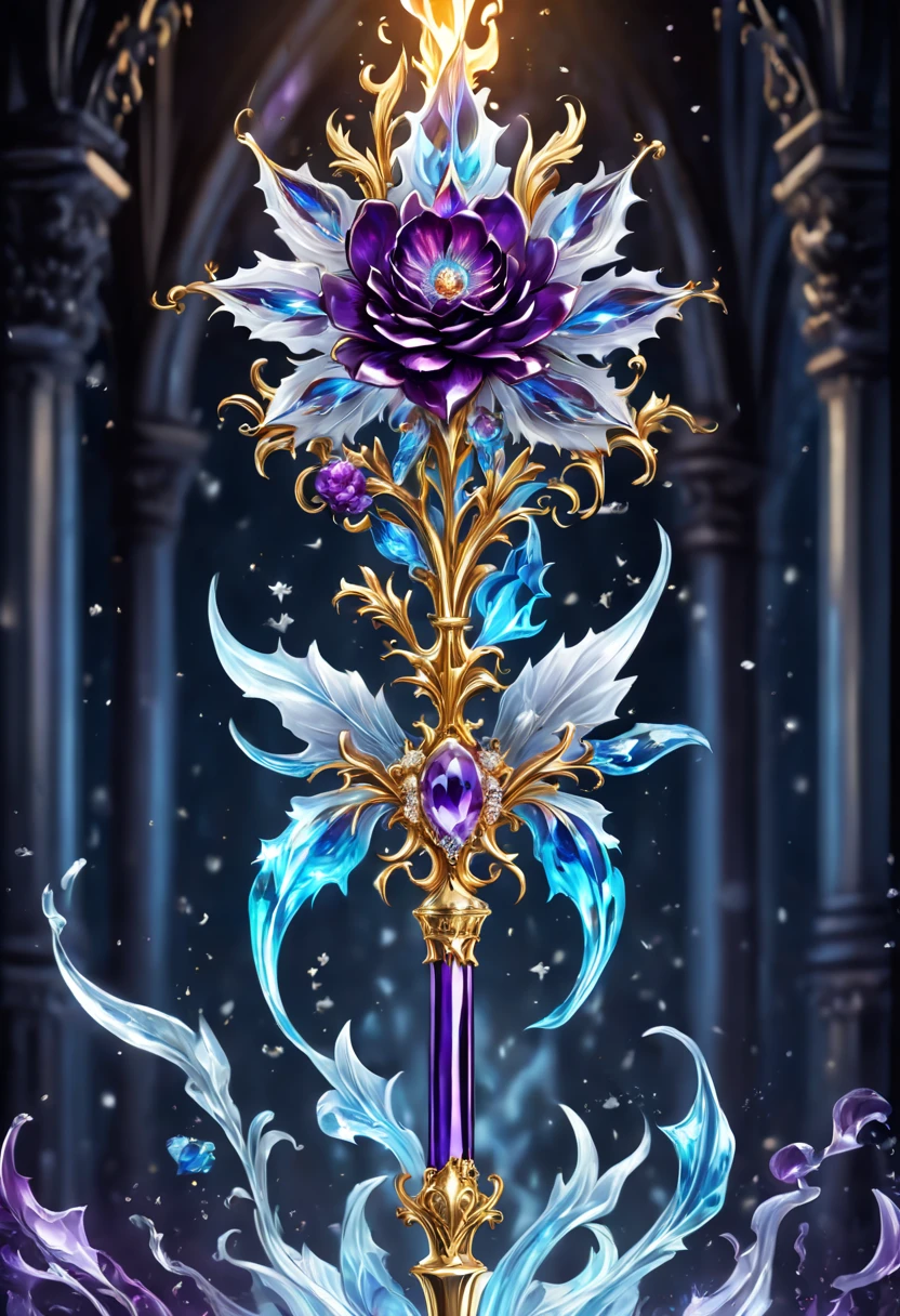 (8K, 16k, Award-winning, Best quality at best, Highest high resolution, super detailing, high detal, Anatomically correct, tmasterpiece, Breathtakingly beautiful), flower scepter,There is a flower on the top of the scepter，Scepter made of crystal and white gold，Exquisite craftsmanship , flower scepter,Rare and precious, Complicated details,Golden flame,Purple magic,blue lightning,Magical ice and snow world background，(gothic art style:1.5)，magic flower wand