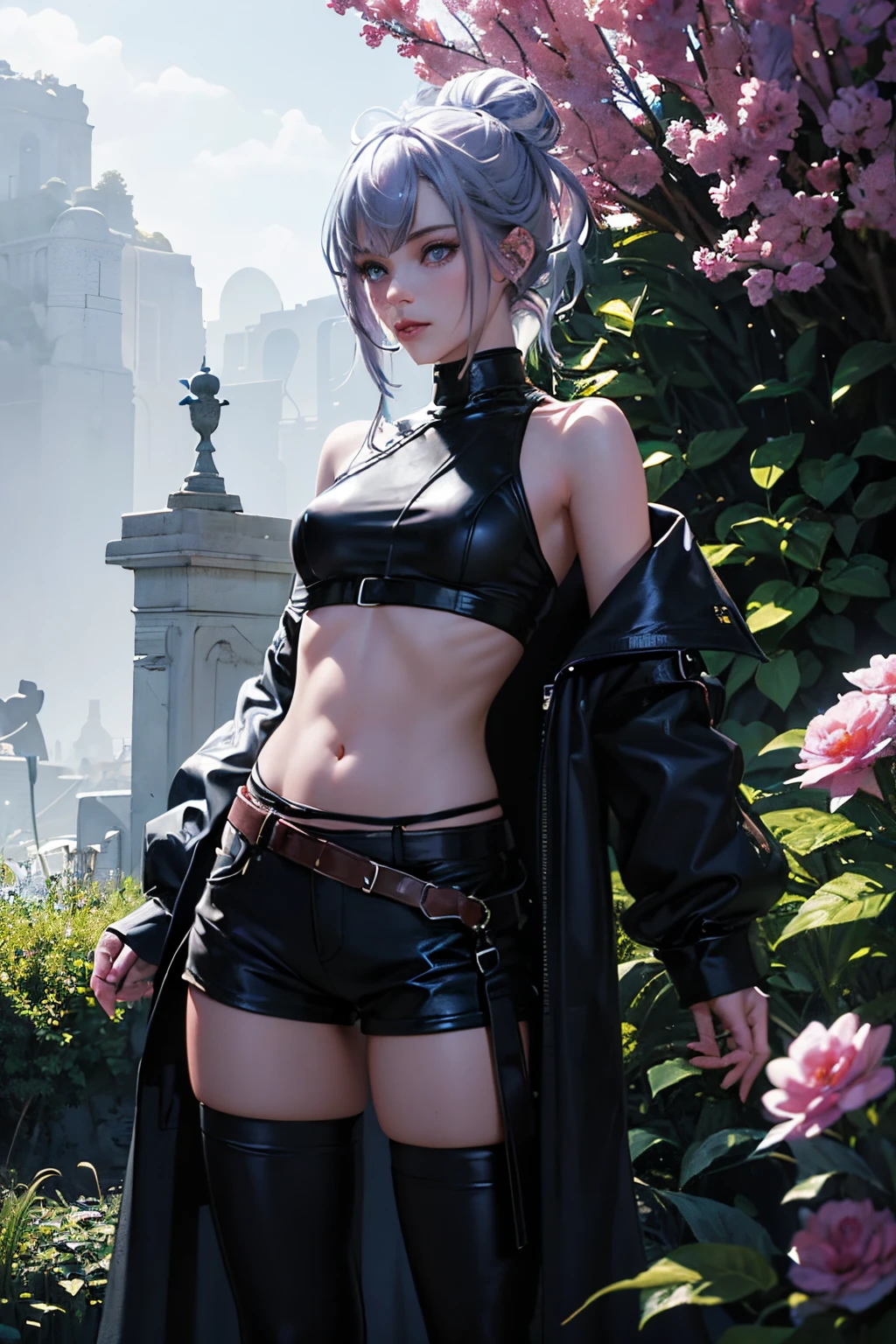 The tooltip for a given topic looks like this: "Girl with a European face, Aryan face, 20years old, Silvery-purple hair, pale purple-blue hair, Bright blue eyes, Her hair is tied up in a bun and falls to her right shoulder. Dressed in a comfortable leather suit, ((black shorts)), Black Leather Leggings, (((clothes in dark colors))), close-fitting clothes, (Best Quality, 4k, 8K, hight resolution, Masterpiece:1.2) Ultra-detailed features, including realistic, Photorealistic eyes and face. The figure shows the media (Insert Material) that resembles an illustration, oil painting, or 3D rendering. Girl in the garden with bright flowers and sharp focus, soft studio lighting. The overall atmosphere is calm and serene, with a touch of unearthly beauty. The color scheme is dominated by shades of black, Creating a dreamy and surreal aesthetic."