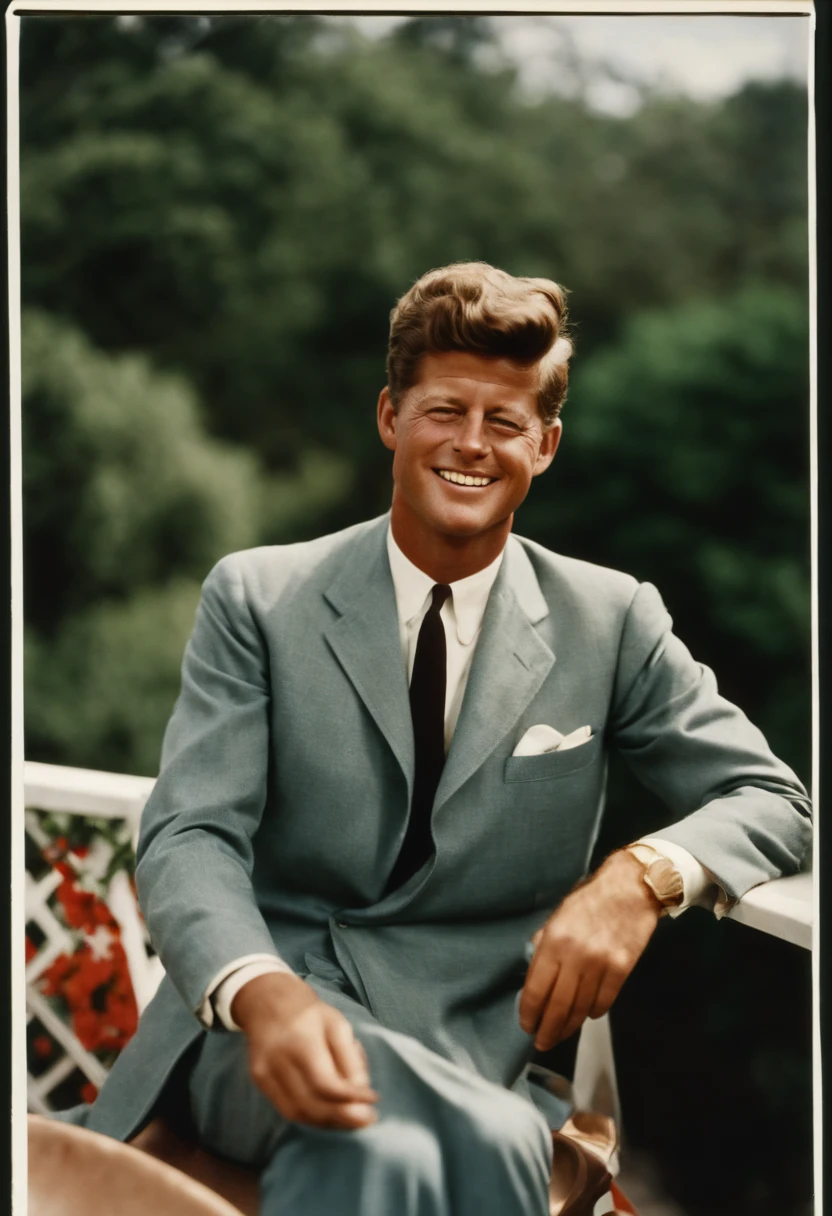 A photo of Kennedy enjoying a leisurely brunch with friends on a sunny terrace,original,John F. Kennedy, the 35th President of the United States, was renowned for his handsome, charismatic appearance, with his wavy hair, engaging smile, and a sense of style that exuded confidence and charm. His tailored suits and poised demeanor contributed to a public image of youthful vigor and sophistication.