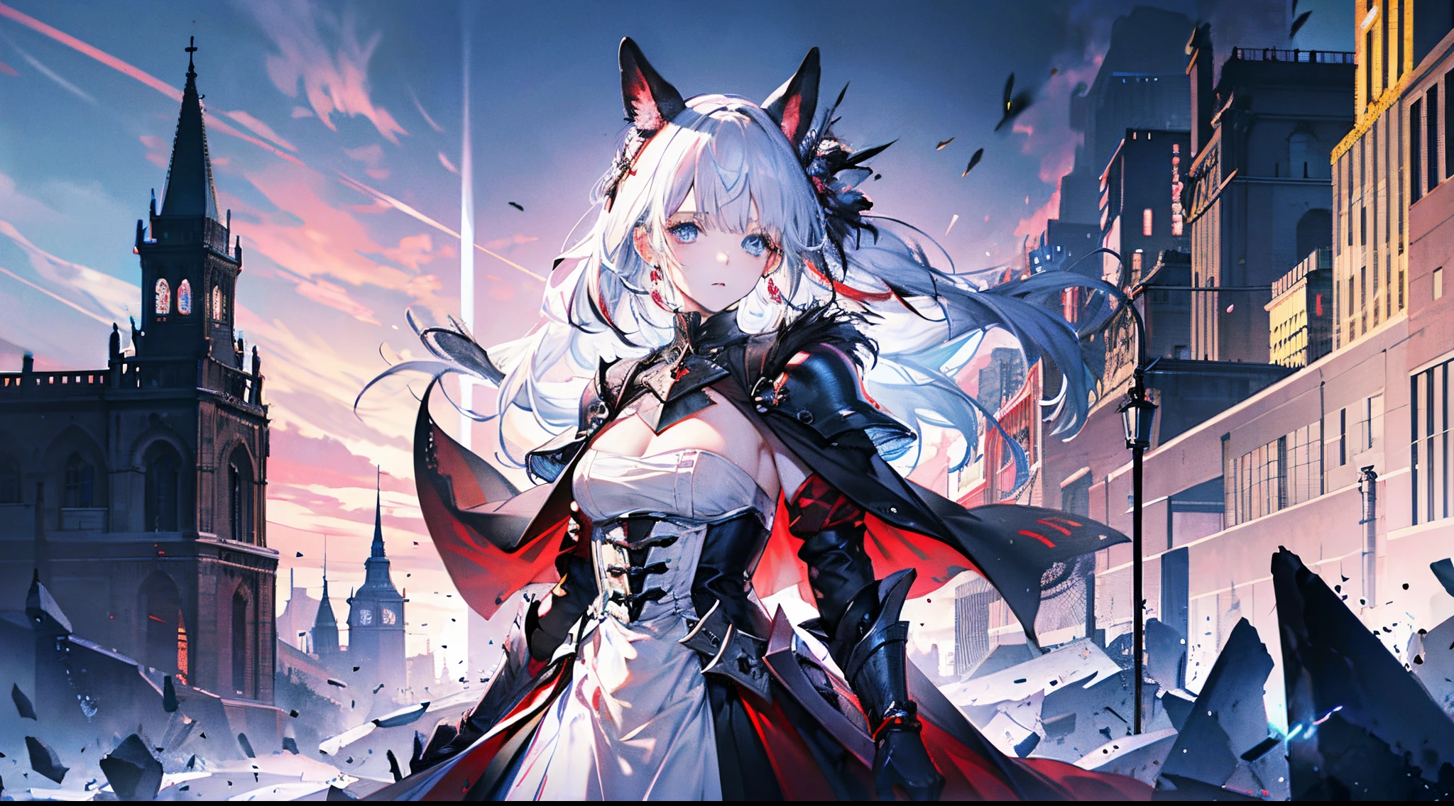 one-girl,Squinted eyes,There are red lines on the face,sapphires,ear jewelry,ssmile, burning feathers,, cheveux gris courts, white Pigtail, Prompts are highlighted in red, eBlue eyes, Black and red patterned robe,The sleeves are long,The body was wrapped in blood-white bandages., Scattered white fragments,, Tattered black full body armor, and a tattered black hooded cloak... (Best quality,4K,8K,A high resolution,tmasterpiece:1.2), ultra - detailed, (actual,realistically,realisticlying:1.37), HighDynamicRange, hyper HD, Studio lighting, Ultra-fine painting, Focus sharp, physically-based renderingt, Extremely detailed description, Sky red giant eye pattern,medieval metropolis,the clock tower