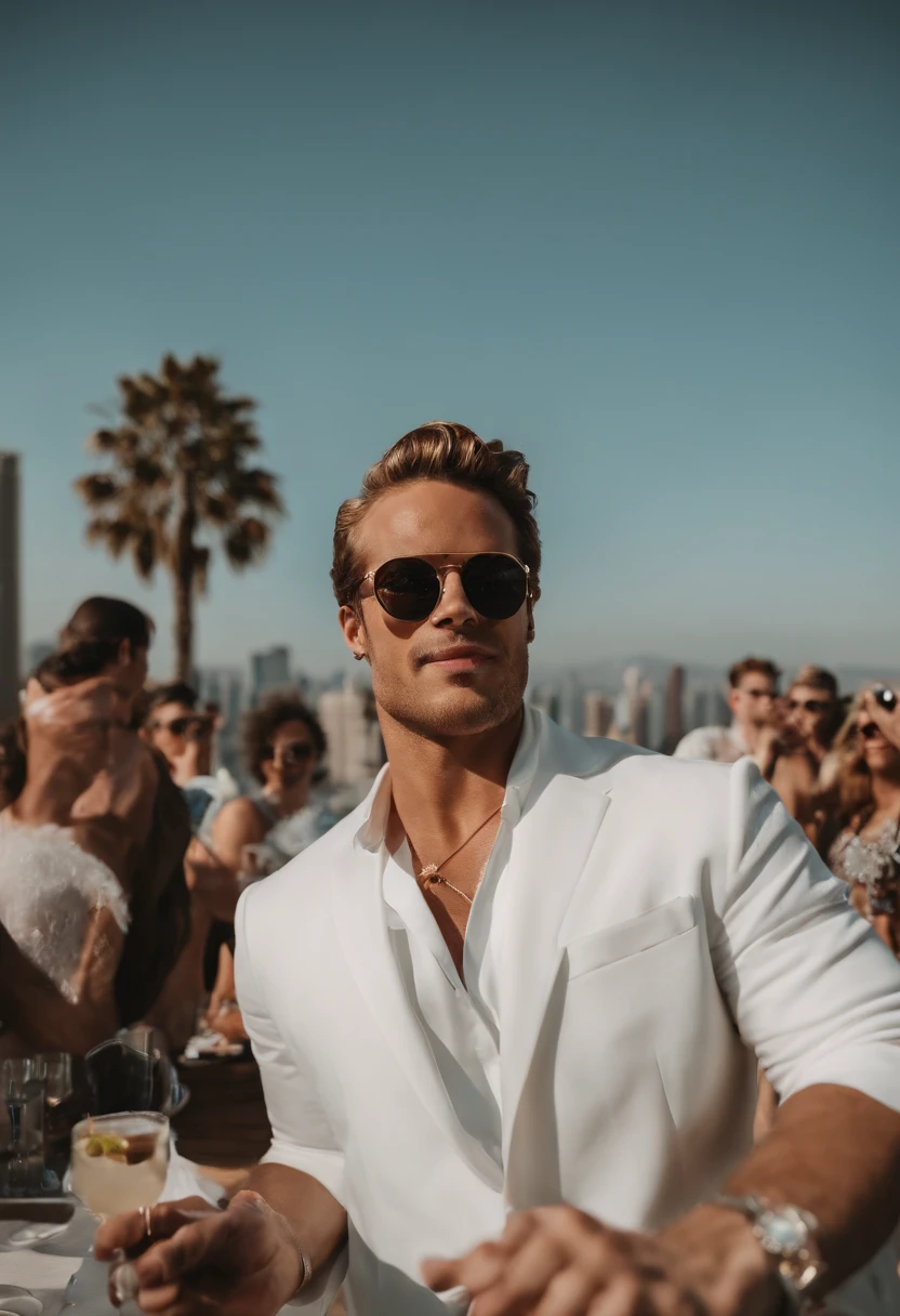 A selfie of Zane surrounded by a group of fans at an exclusive rooftop pool party, the city skyline glimmering in the background.,original,a flamboyant and notorious DJ, is known for his ostentatious style, often sporting flashy designer outfits, oversized sunglasses, and a constantly changing, bold hairdo, making him a conspicuous figure in the party circuit. His appearance screams excess and indulgence, matching his larger-than-life persona that’s constantly documented and flaunted on social media.