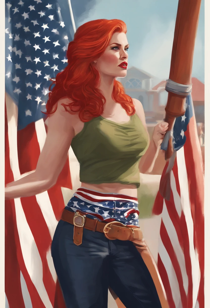 An image of the character giving a passionate speech at a political rally.,original,Maggie, a staunch MAGA devotee, stands out with her fiery red hair often styled in a patriotic bandana, and her wardrobe is a bold display of pro-Trump slogans and American flags. Her appearance is further marked by a determined, almost fierce expression, embodying her unshakable conviction in her political stance.