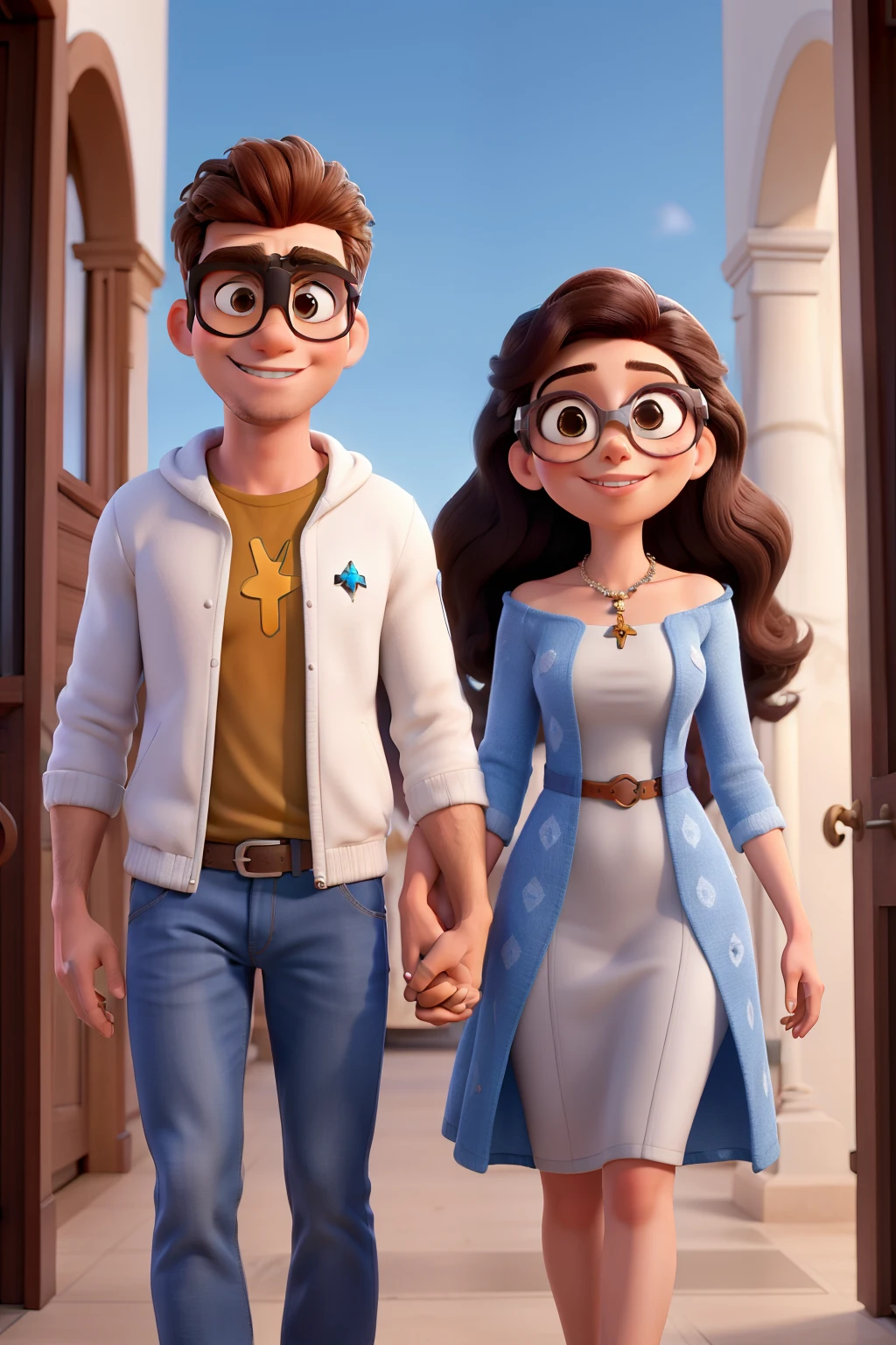 Casal de namorados na igreja homem alto branco, wearing goggles, cabelos curtos, mulher morena baixa de cabelo cacheado inspirado na Disney pixar