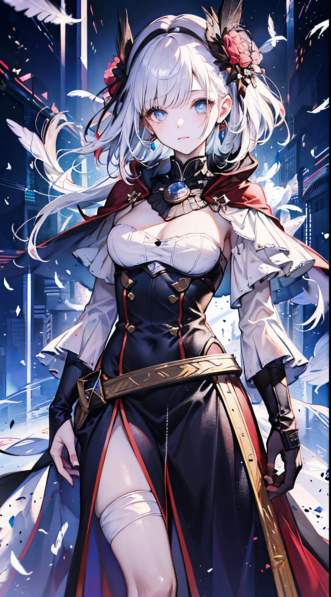 one-girl,Squinted eyes,There are red lines on the face,sapphires,ear jewelry,ssmile, burning feathers,, Short gray hair, white Pigtail, Prompts are highlighted in red, eBlue eyes, Black and red patterned robe,The sleeves are long,The body was wrapped in a bloody white bandage., Scattered white fragments,, Tattered black full body armor, and a tattered black hooded cloak.. (Best quality at best,4K,8K,A high resolution,tmasterpiece:1.2), ultra - detailed, (actual,realisticlying,Photorealistic:1.37), HighDynamicRange, hyper HD, Studio lighting, Ultra-fine painting, Focus sharp, physically-based renderingt, Extremely detailed description, Sky red giant eye pattern,medieval metropolis,the clock tower