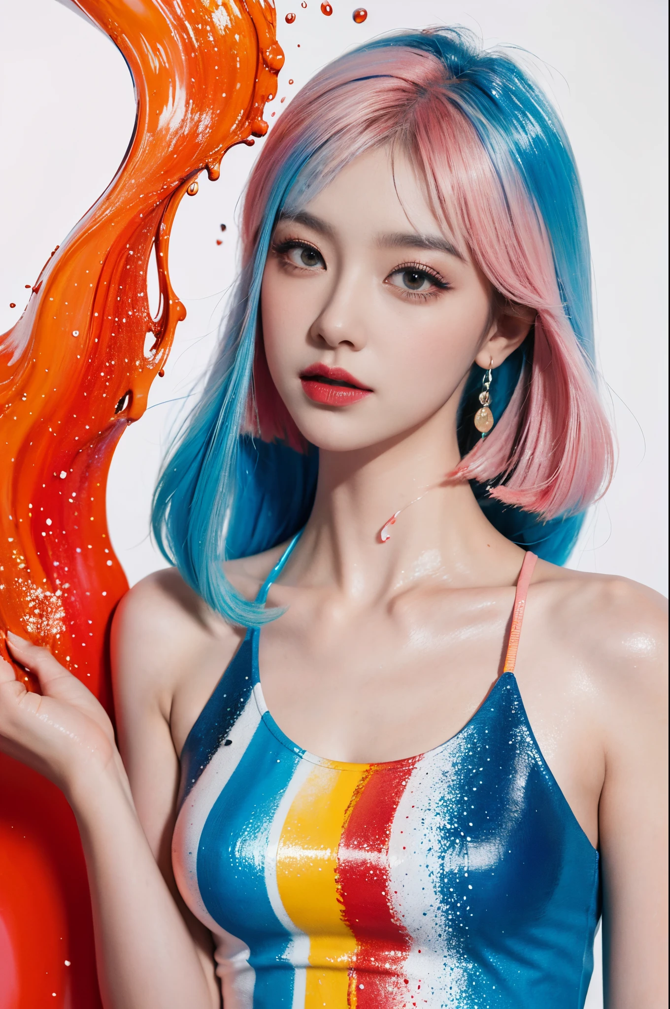 （Pink fashion T-shirt：1.9），（Colorful hair：1.8），（Rainbow all colors：1.8），（（（（Vertical Painting：1.6)）），（painting of a：1.6），frontage，comic strip,Illustration,painting of a,largeeyes,crystal-clear,（rainbow color gradient high ponytail：1.7）,Delicate Makeup,Keep one's mouth shut,(Small fresh:1.5),(Bandeau:1.6),long eyelasher,White shoulder T- shirt, White shoulder shirt，looking at viewert，Watery Big Eyes，medium size boobs，(rainbow color Hair：1.6), Colored splashes, （Solo：1.8）, Colored splashes, Color explosion, Color splattering, Color explosion, Thick lacquer style，Messy lines，((Shining)) ，(Colorful), (Colorful), (Colorful), Colorful, Thick paint style, (Splash) (Colored splashes), Vertical Painting, Upper body, Paint Splatter, Acrylic Pigment, gradient, paint, Highest image quality, Highest image quality, masutepiece, Solo, depth of fields, facepaint, colourful clothes, (ellegance: 1.2), opulent, Long grey hair, the wind, (ellegance: 1.3), (flower petals: 1.4)，(((masutepiece))),(((best qualtiy))),((ultra - detailed)),(illustratio),(dynamic angle),((floating)),(painted),((Loose hair)),(Solo),(1girll) , (( (Detailed anima face))),((beautifull detailed face)),collars,exposed bare shoulders,whaite hair,((Colored hair)),((Striped hair)),Beautiful detailed eyes,(Gradient color eyes),(( （Colored eyes））），（（（coloured background））），（（（high saturated））），（（（Surrounded by colorful splashes））），