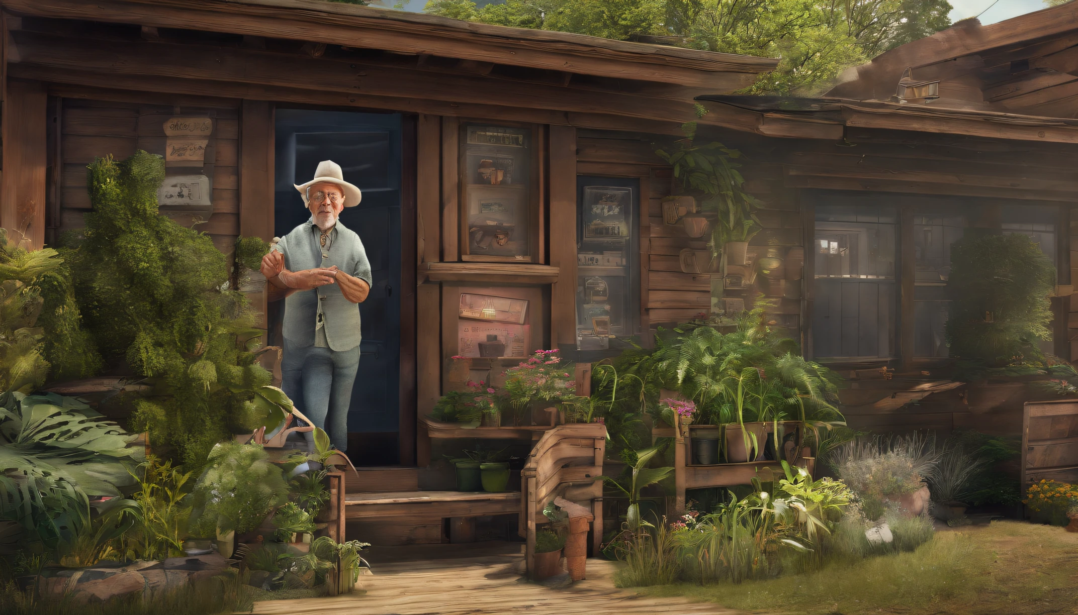 Grandfather pointing inside and outside the house, indicating where each plant will be planted.