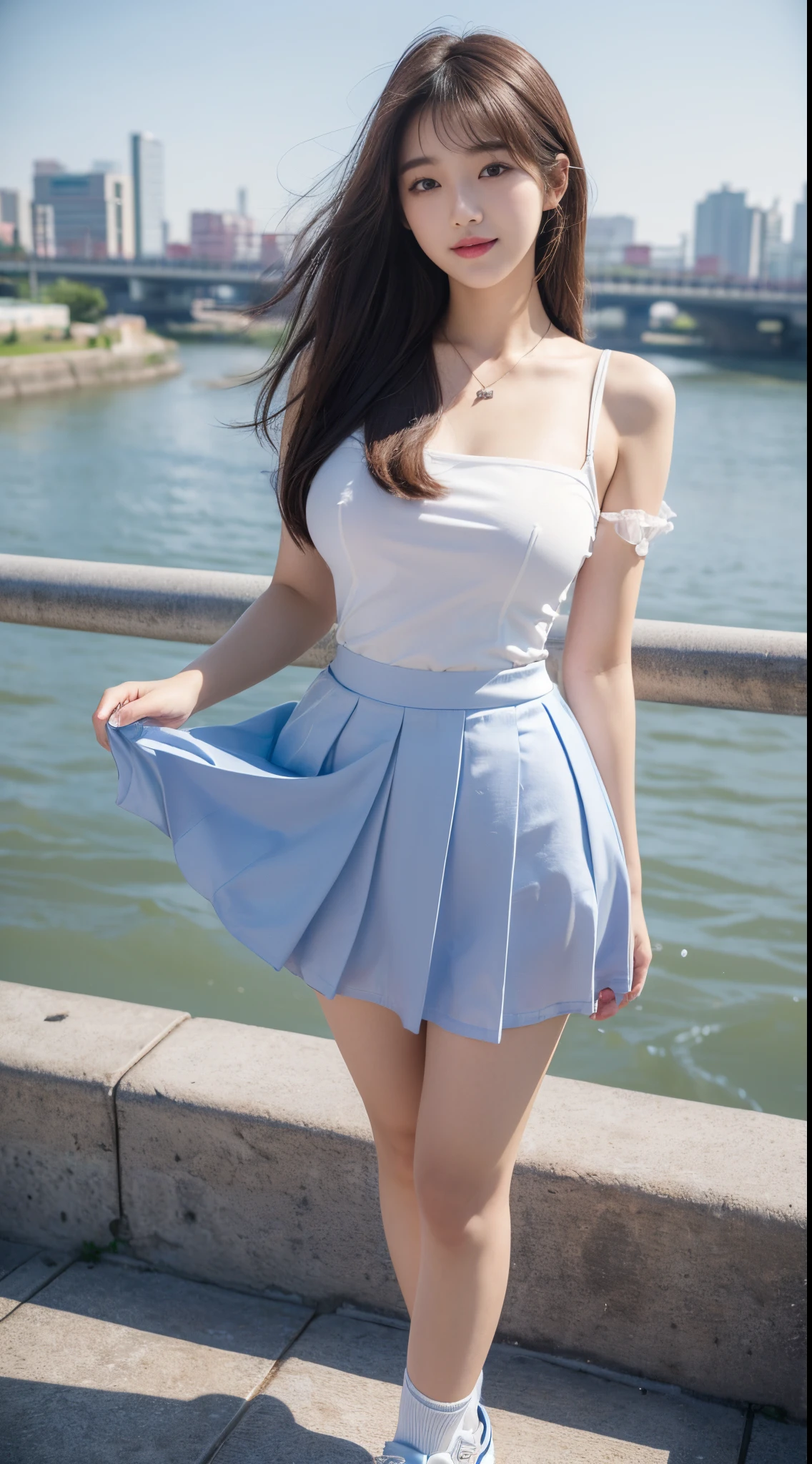 ((Top Quality, 8K, masterpiece:1.3)), (Focusing:1.2), (Perfect Body Beauty:1.4), ((delicate hair)), Highly detailed facial and skin texture, Fair eyes, Double eyelidd, Glossy skin, Sorrisos, Wearing a necklace, Glossy face, smaller face, (tits huge:1.4), 20yo, (Dress lift), ((The dress skirt is lifted and the panties are a little visible:1.4)), Beautiful smile, (Cotton panties in different colors), (Korean girls' school uniforms:1.4), (Women's sneakers), (yerin, Seoul's Han River promenade overlooking the blue river)
