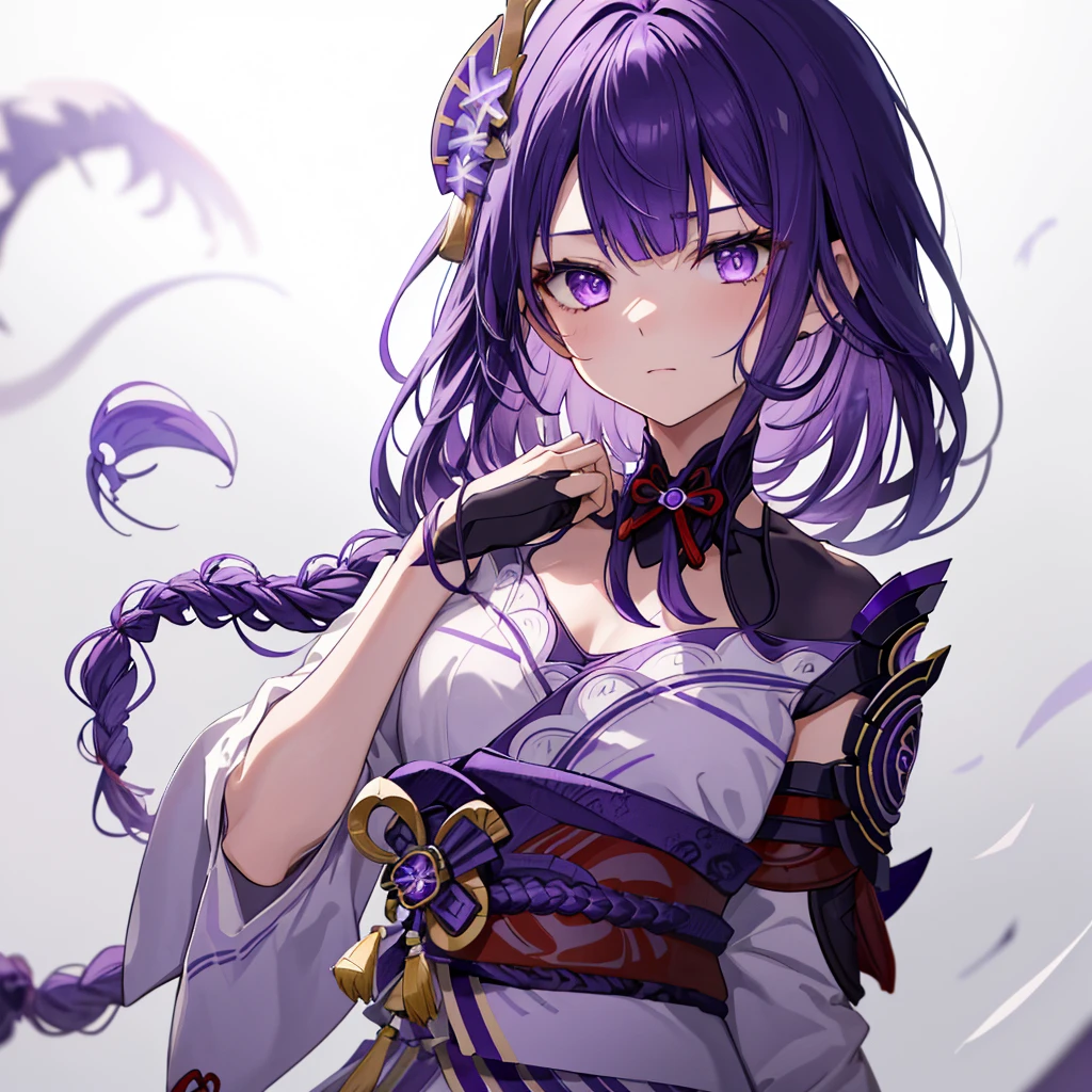 raidenshogundef, raidenshogunrnd, long braided hair, purple hair, fair skin, (upper body:1.7), half-body adaptable, close up, closed mouth, white background, simple background, basic background, looking at viewer, moody lighting, facing viewer,