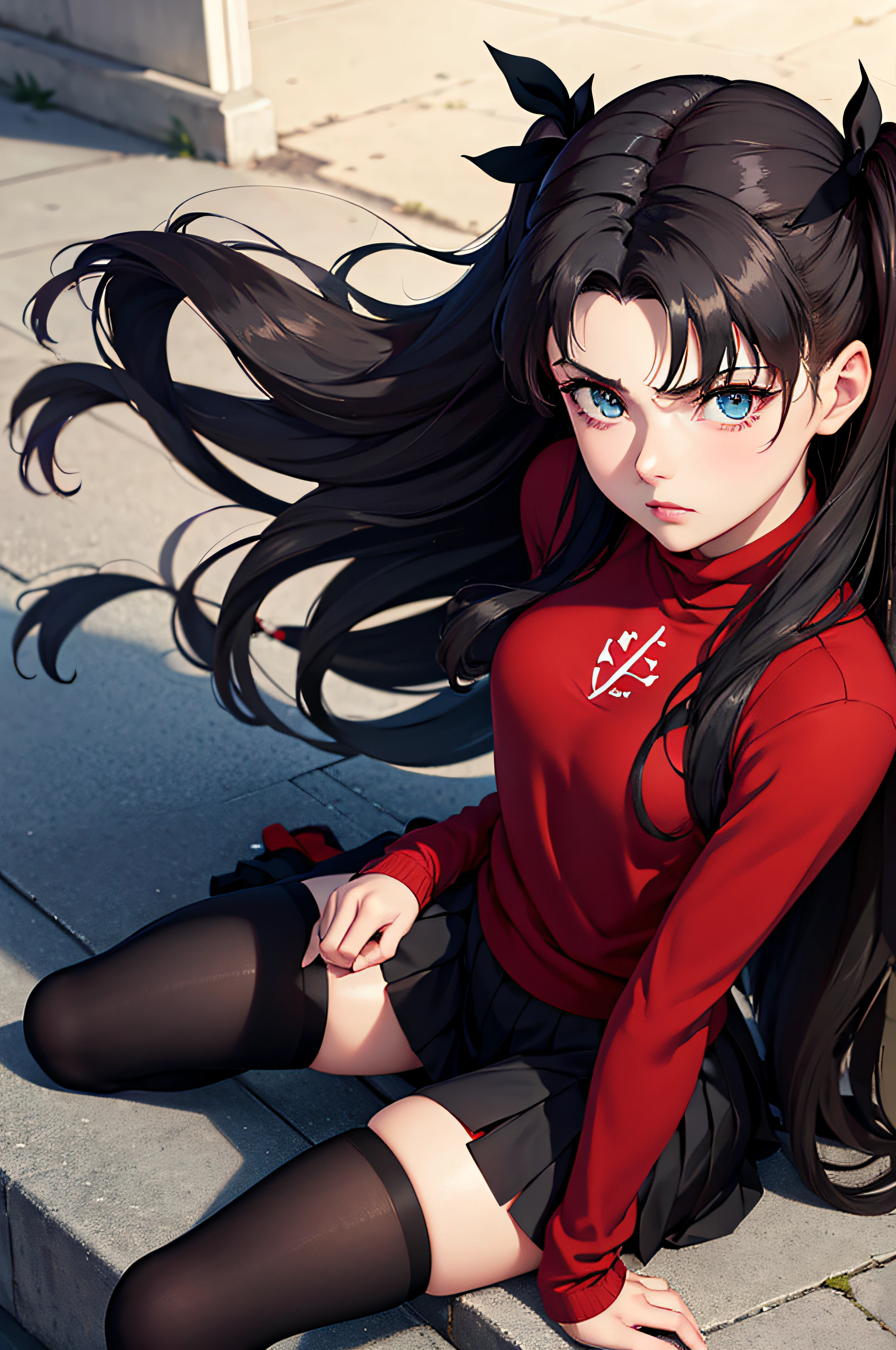 (masterpiece), best quality, expressive eyes, perfect face, 1girl, solo, rintohsaka, rin tohsaka, aqua eyes, black hair, hair ribbon, long hair, ribbon, sidelocks, two side up, black skirt, black thighhighs, long sleeves, miniskirt, pleated skirt, ((red sweater)), skirt, sweater, thighhighs, turtleneck, city background, sitting, character sheet, upper body, portrait, looking at viewer