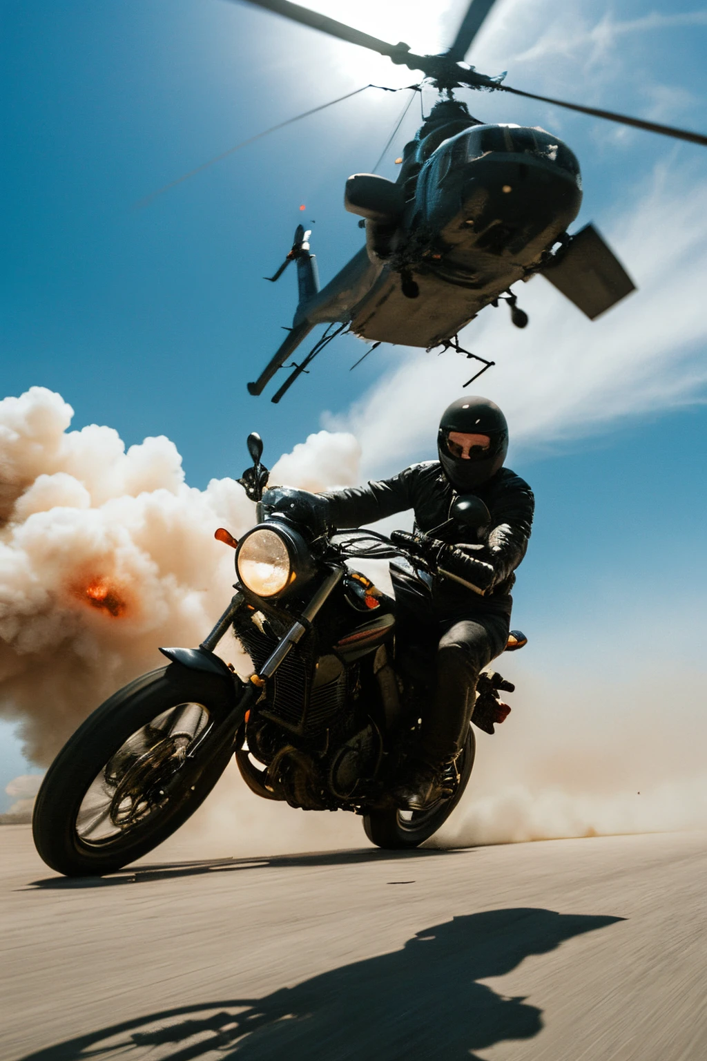 action movie star, explosion, chasing motorbike, helicopter flying above subject, film quality, soft lighting