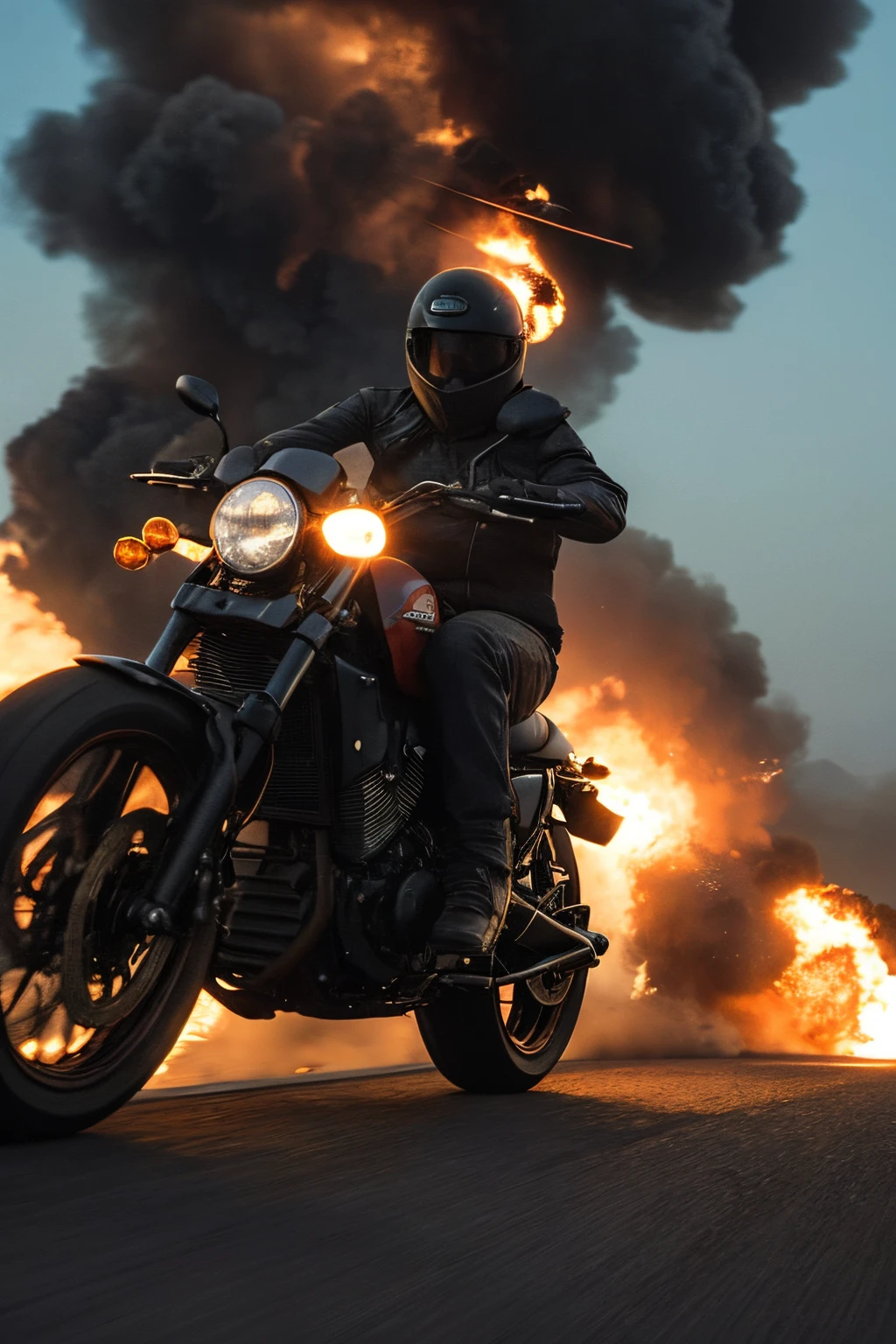 action movie star, explosion, chasing motorbike, helicopter flying above subject, film quality, soft lighting