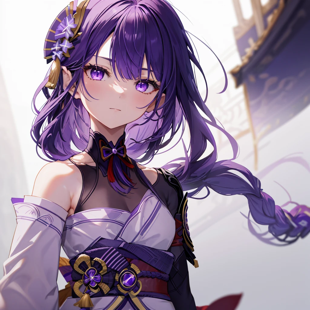 raidenshogundef, raidenshogunrnd, long braided hair, purple hair, fair skin, (upper body:1.9), half-body adaptable, close up, closed mouth, white background, simple background, basic background, looking at viewer, beautiful lighting, facing viewer,