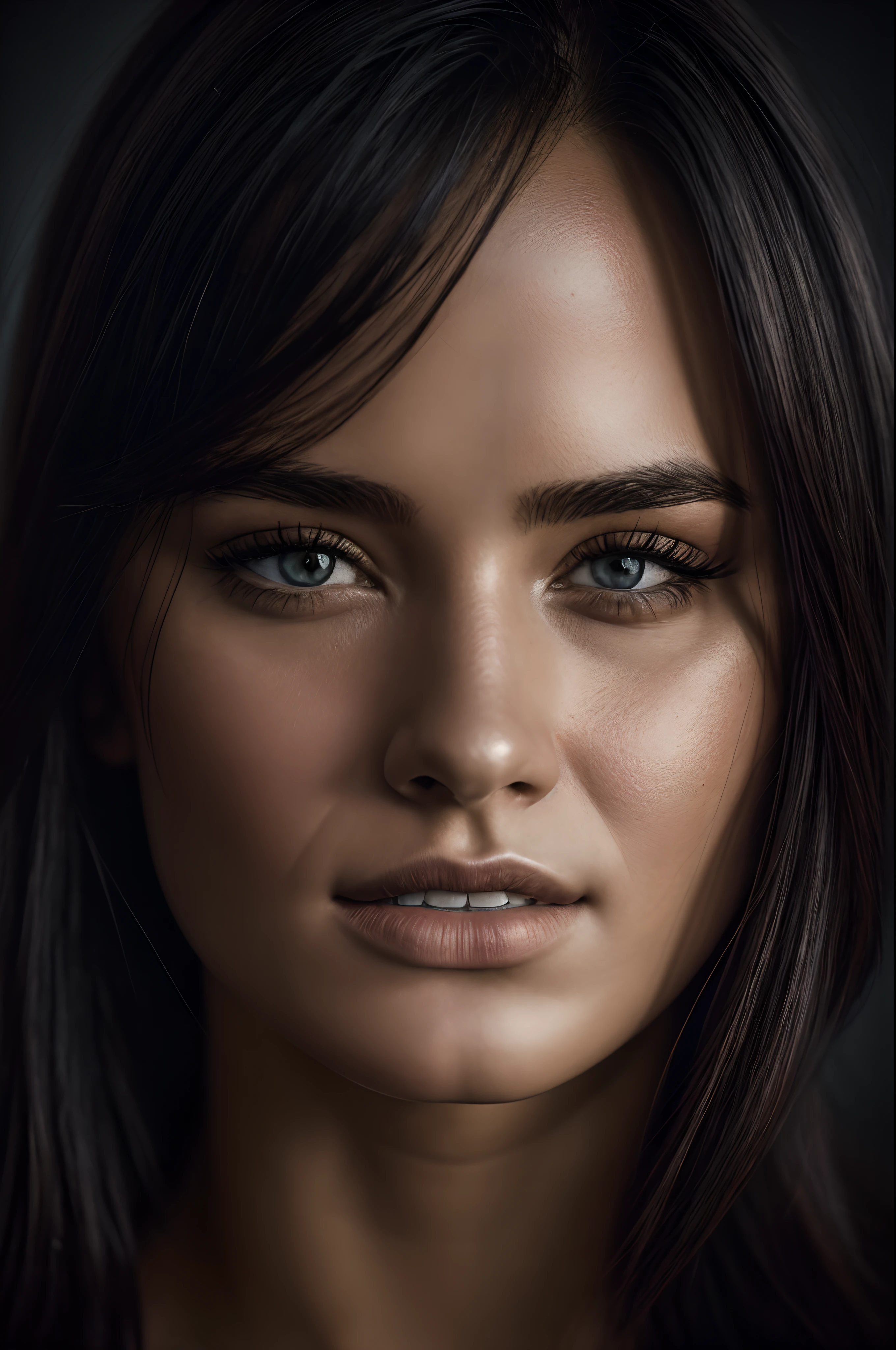 (close-up, editorial photograph of a 21 year old woman), (highly detailed face:1.4) (smile:0.7) (background inside dark, moody, private study:1.3) POV, by lee jeffries, nikon d850, film stock photograph ,4 kodak portra 400 ,camera f1.6 lens ,rich colors ,hyper realistic ,lifelike texture, dramatic lighting , cinestill 800,
