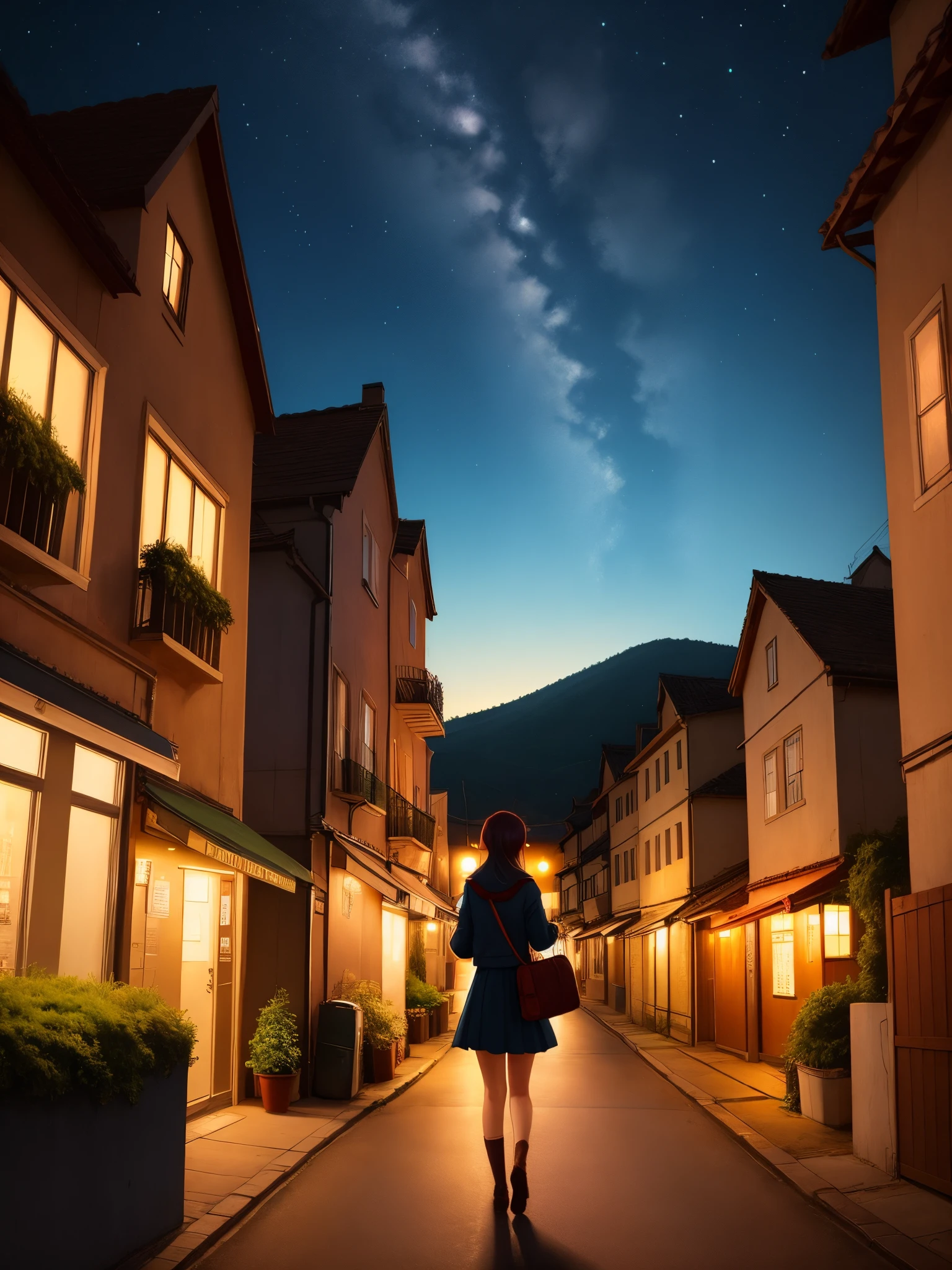 Sky, night, anime, girl, hills in the baground