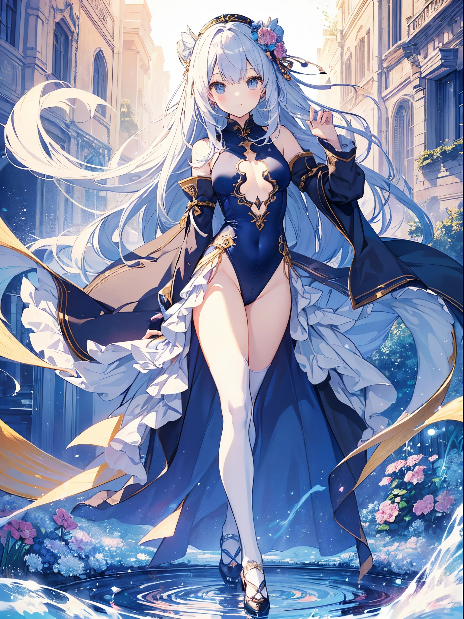 ((2D Beautiful Girl、top-quality、perfect fingertips 1.1、Perfect Anatomy 1.1、Perfect outfit、Beautiful illustration))、extremely delicate and beautiful、Long straight hair、Soio、beatiful detailed eyes、Aristocratic clothing、(((Leotard costume))))、Princess、、a smile、(Royal Gardens)、年轻、ar old、mentbody depiction)、full-shot、blue-sky、Slender Beautiful Girl、