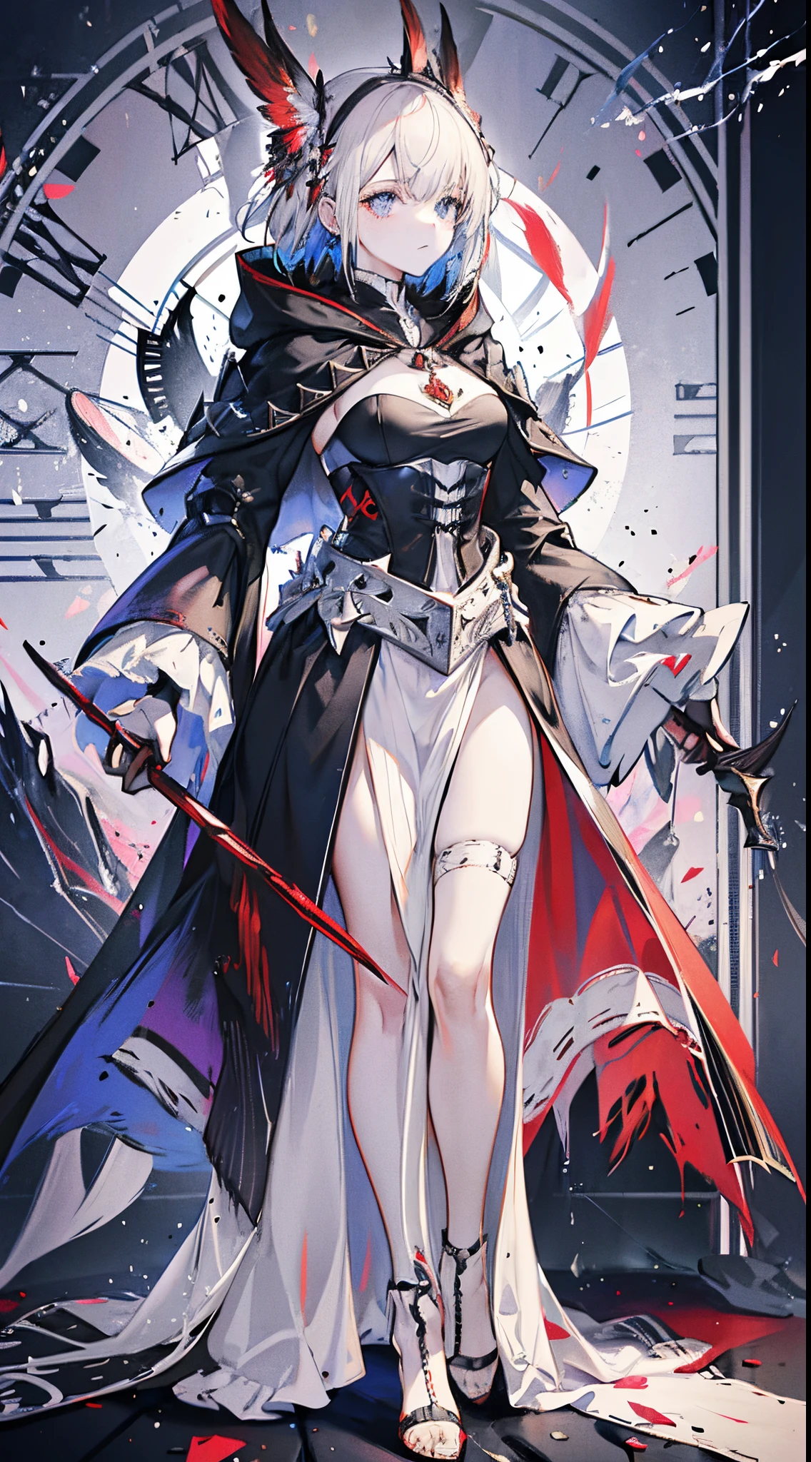 one-girl,Squinted eyes,There are red lines on the face,sapphires,ear jewelry,ssmile, burning feathers,, Short gray hair, white Pigtail, Prompts are highlighted in red, eBlue eyes, Black and red patterned robe,The sleeves are long,The body was wrapped in a bloody white bandage., Scattered white fragments,, Tattered black full body armor, and a tattered black hooded cloak.. (Best quality at best,4K,8K,A high resolution,tmasterpiece:1.2), ultra - detailed, (actual,realisticlying,Photorealistic:1.37), HighDynamicRange, hyper HD, Studio lighting, Ultra-fine painting, Focus sharp, physically-based renderingt, Extremely detailed description, Sky red giant eye pattern,medieval metropolis,the clock tower