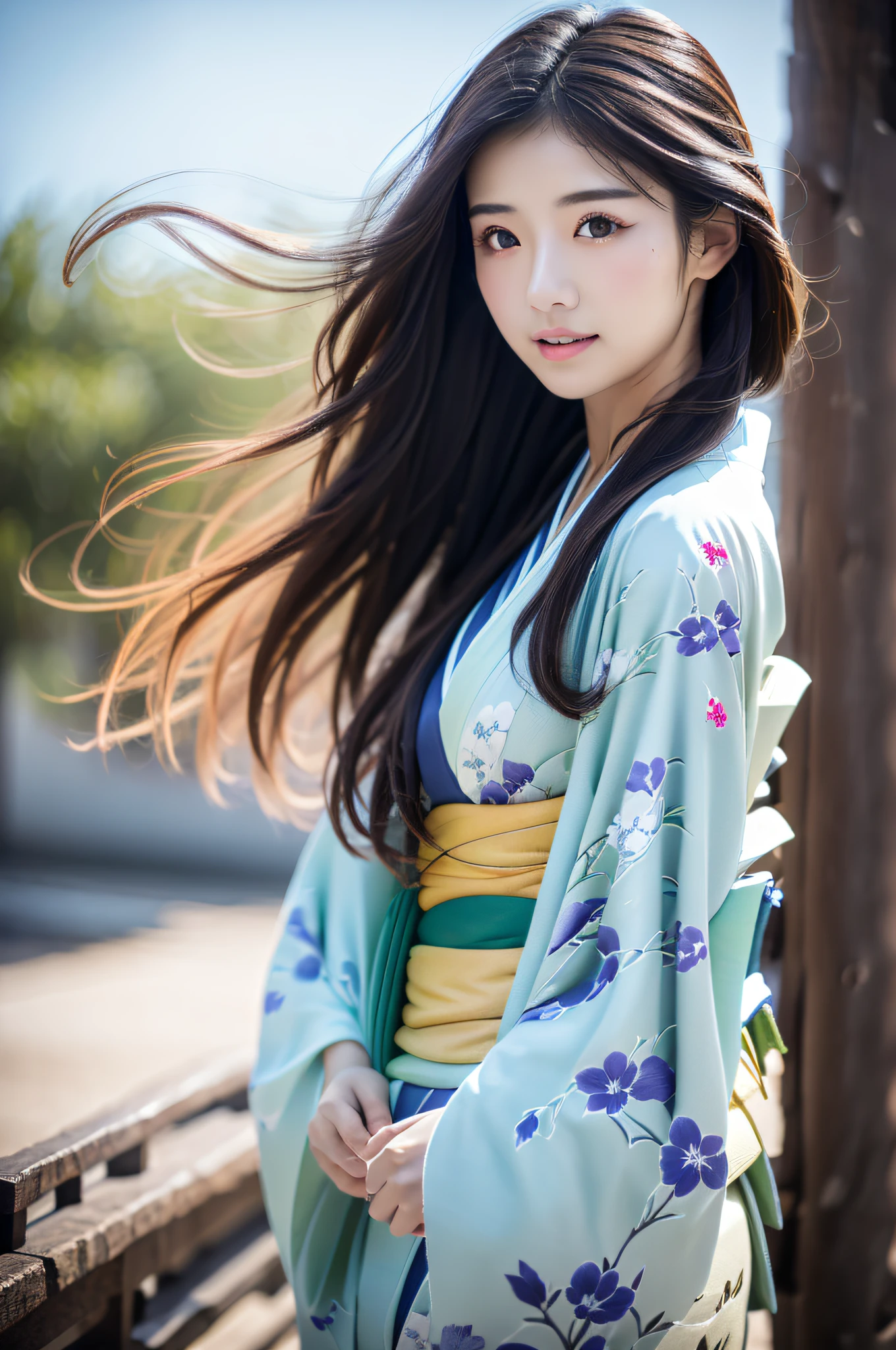 ((Kimono))、(full body Esbian)、(top-quality,​masterpiece:1.3、超A high resolution)、(ultra-detailliert、Caustics)、(Photorealsitic:1.4、RAW shooting)、Ultra-realistic capture、A highly detailed、 Skin texture is natural、(voluminous hair)、25-years old、The skin looks healthy with an even tone、 Use natural light and color、One Woman、japanes、A dark-haired、Middle hair、(Hair swaying in the wind:1.1)、Light in the eyes、Looking at the camera、