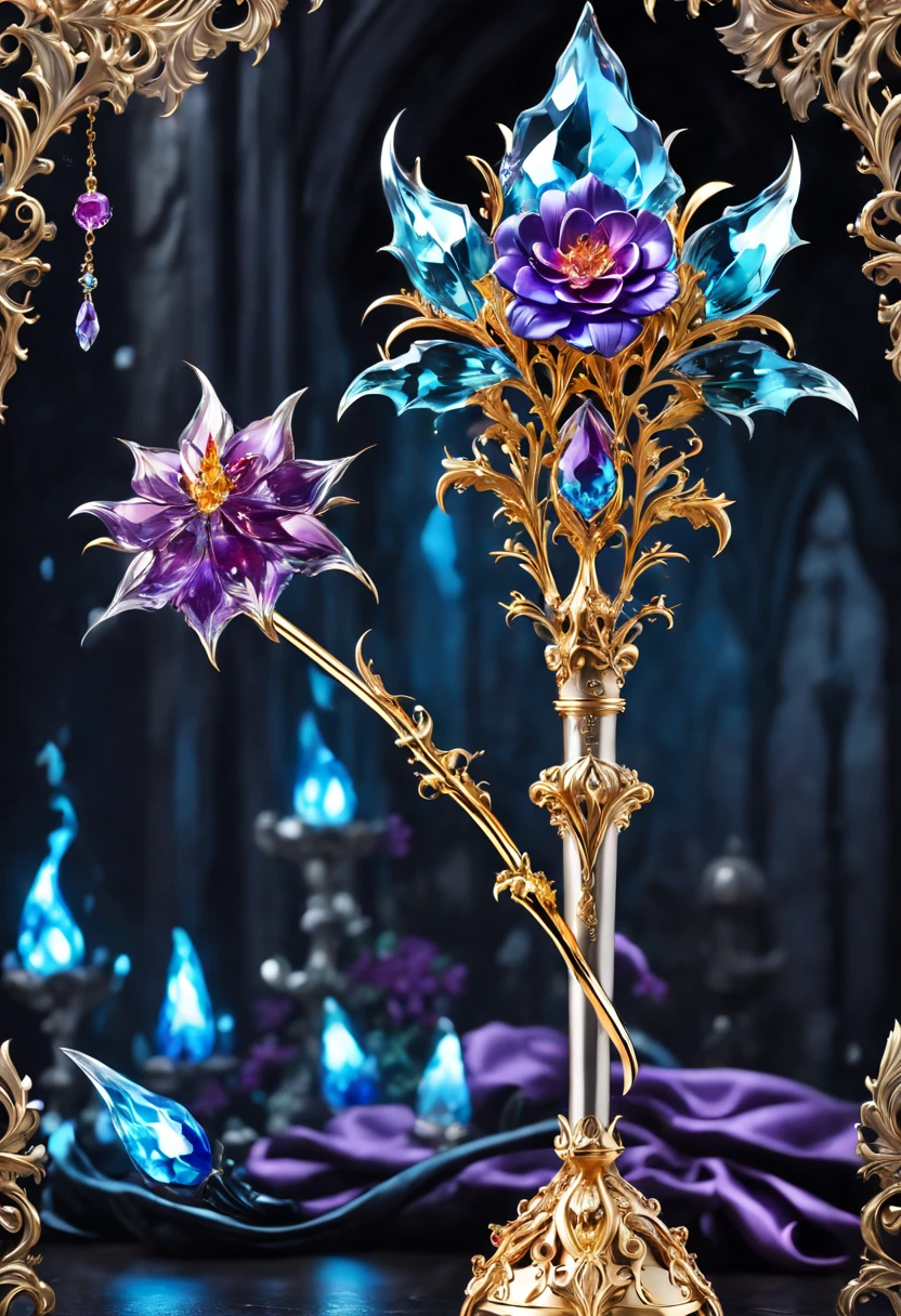 (8K, 16k, Award-winning, Best quality, Highest resolution, super detailing, high detal, Anatomically correct, tmasterpiece, It's breathtakingly beautiful), flower scepter,There is a flower on the top of the scepter,Scepter made of crystal and white gold,delicate craftsmanship , flower scepter,Rare and precious, Complicated details,Golden flame,Purple magic,blue lightning,Magical ice world background,(gothic art style:1.5),magic flower wand,Magic flowers made of colored metal,Exuding endless magical charm and brilliance