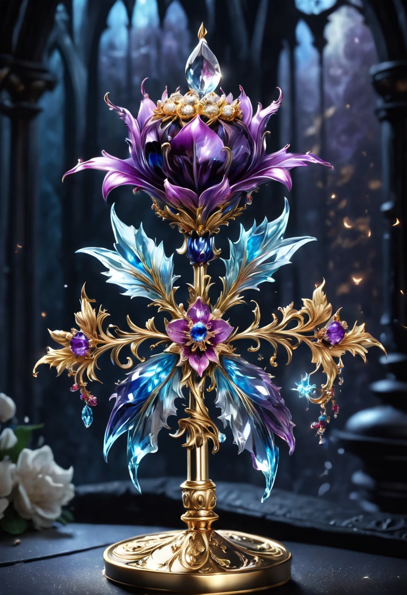 (8K, 16k, Award-winning, Best quality, Highest resolution, super detailing, high detal, Anatomically correct, tmasterpiece, It's breathtakingly beautiful), flower scepter,There is a flower on the top of the scepter，Scepter made of crystal and white gold，delicate craftsmanship , flower scepter,Rare and precious, Complicated details,Golden flame,Purple magic,blue lightning,Magical ice world background，(gothic art style:1.5)，magic flower wand，Magic flowers made of colored metal，Exuding endless magical charm and brilliance