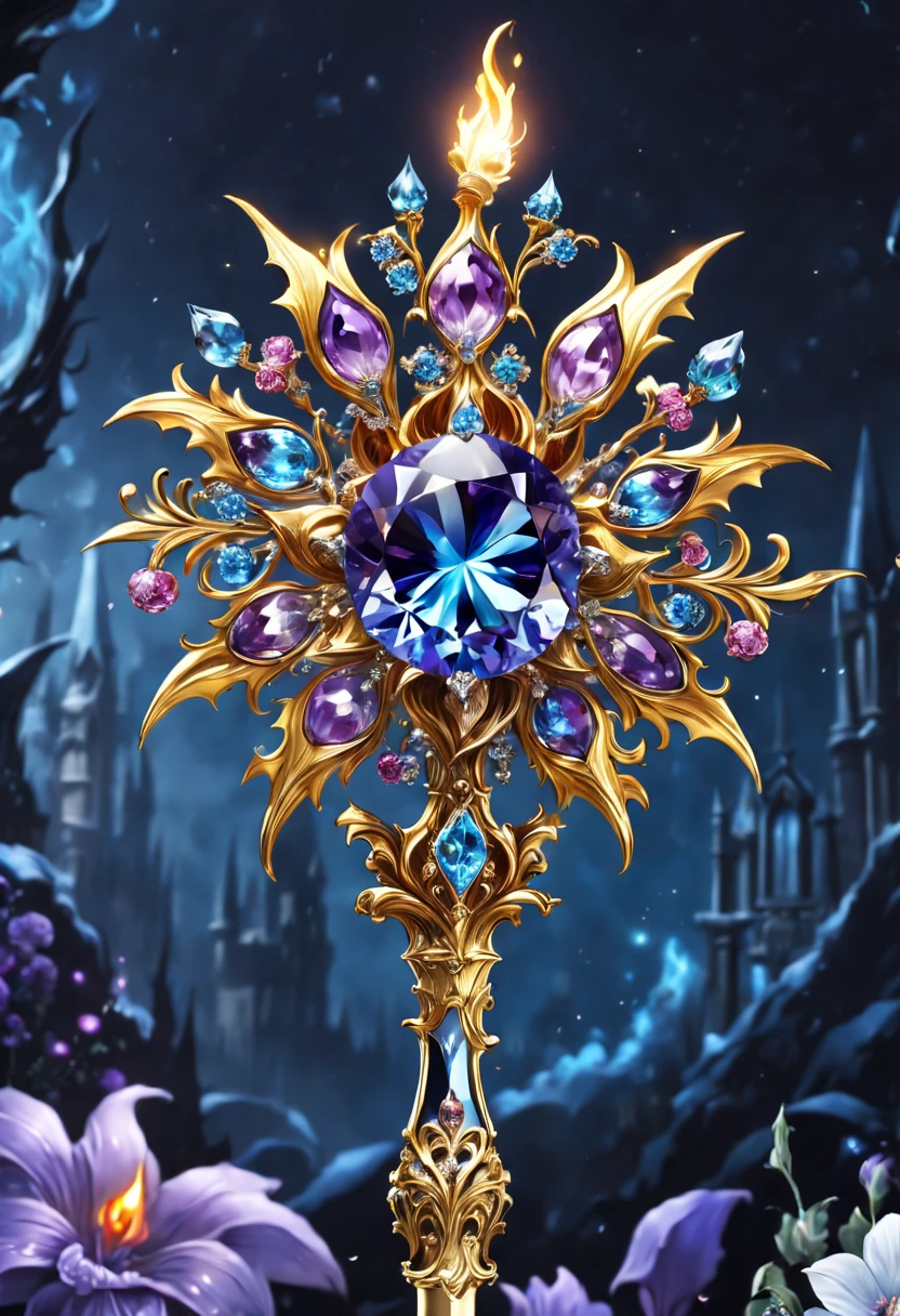 (8K, 16k, Award-winning, Best quality, Highest resolution, super detailing, high detal, Anatomically correct, tmasterpiece, It's breathtakingly beautiful), flower scepter,There is a flower on the top of the scepter,Scepter made of crystal and white gold,delicate craftsmanship , flower scepter,Rare and precious, Complicated details,Golden flame,Purple magic,blue lightning,Magical ice world background,(gothic art style:1.5),magic flower wand,Magic flowers made of colored metal,Exuding endless magical charm and brilliance