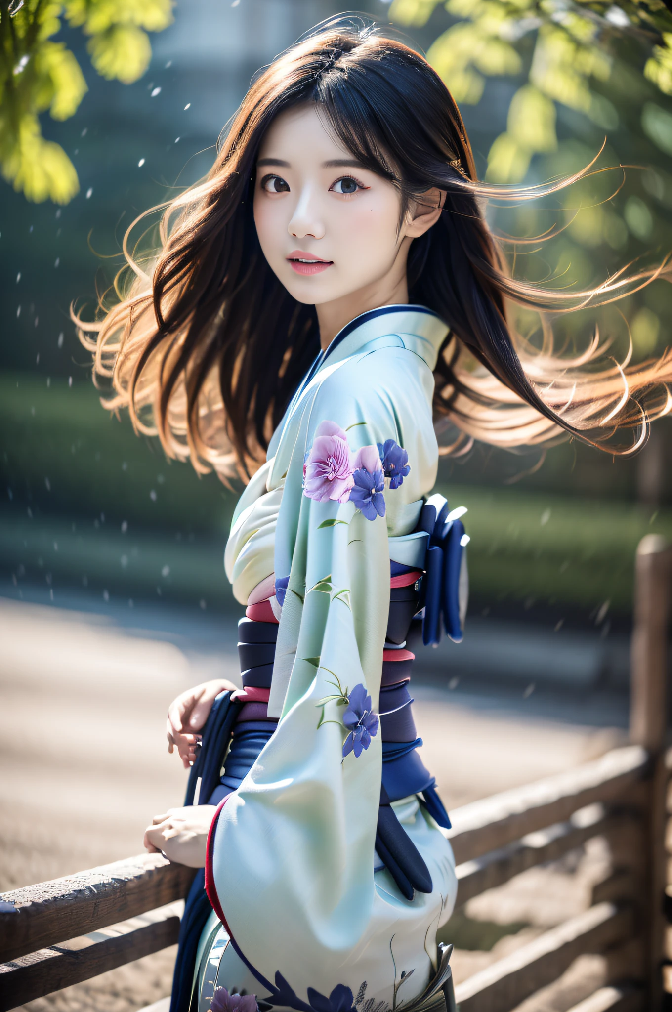 ((Kimono))、(full body Esbian)、(top-quality,masterpiece:1.3、超A high resolution)、(ultra-detailliert、Caustics)、(Photorealsitic:1.4、RAW shooting)、Ultra-realistic capture、A highly detailed、 Skin texture is natural、(voluminous hair)、25-years old、The skin looks healthy with an even tone、 Use natural light and color、One Woman、japanes、A dark-haired、Middle hair、(Hair swaying in the wind:1.1)、Light in the eyes、Looking at the camera、