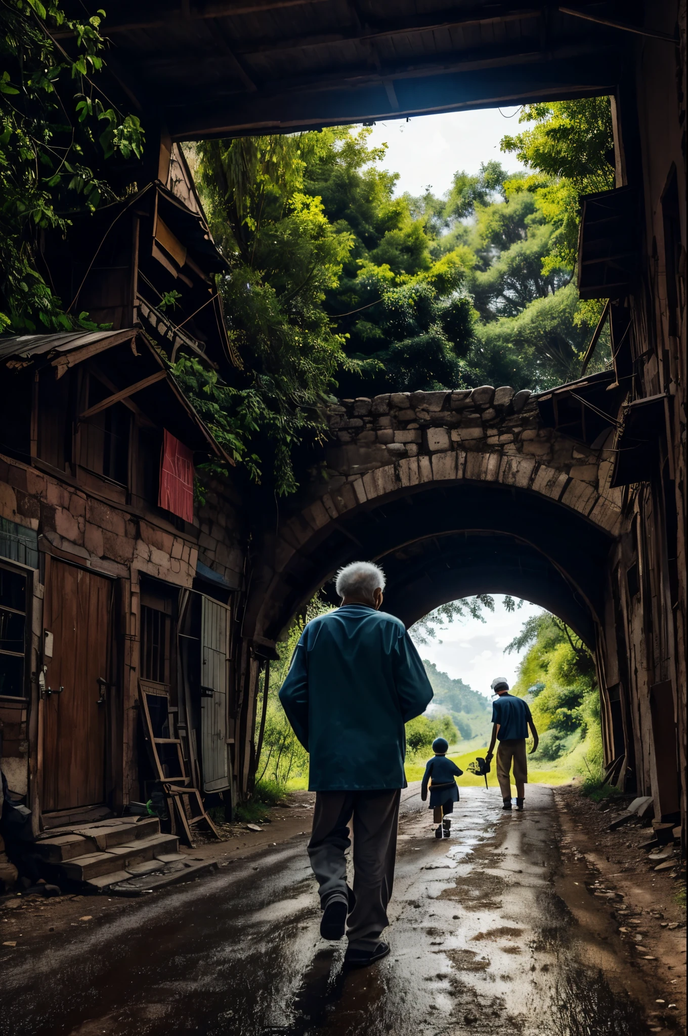 A dugital art with high quality details a boy using mobile and an old man walking on the road through the boy with a load,this is a story telling picture