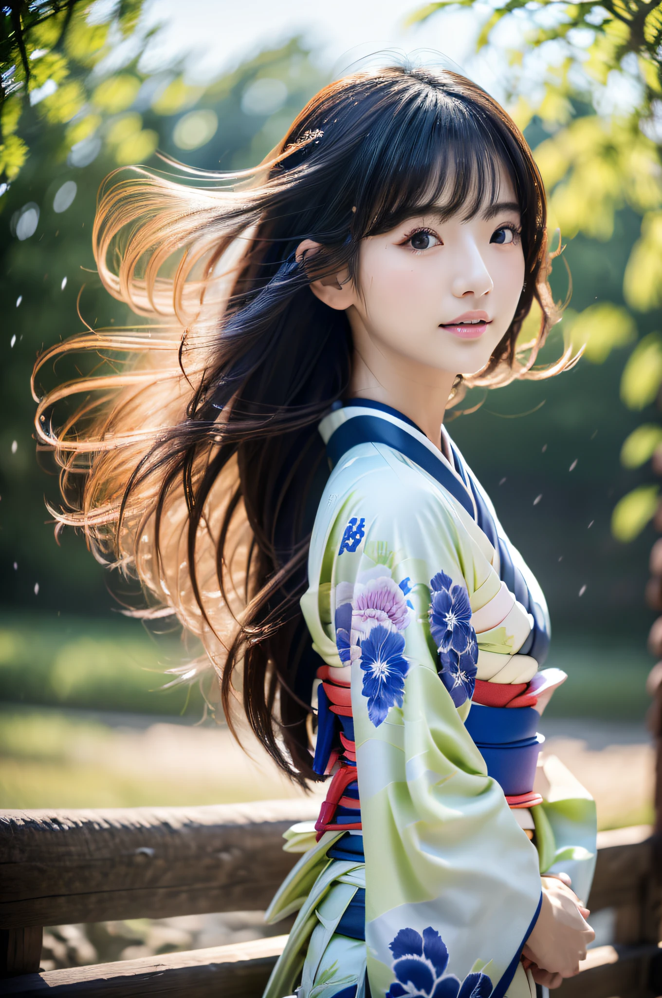 ((Kimono))、(full body Esbian)、(top-quality,​masterpiece:1.3、超A high resolution)、(ultra-detailliert、Caustics)、(Photorealsitic:1.4、RAW shooting)、Ultra-realistic capture、A highly detailed、 Skin texture is natural、(voluminous hair)、25-years old、The skin looks healthy with an even tone、 Use natural light and color、One Woman、japanes、A dark-haired、Middle hair、(Hair swaying in the wind:1.1)、Light in the eyes、Looking at the camera、