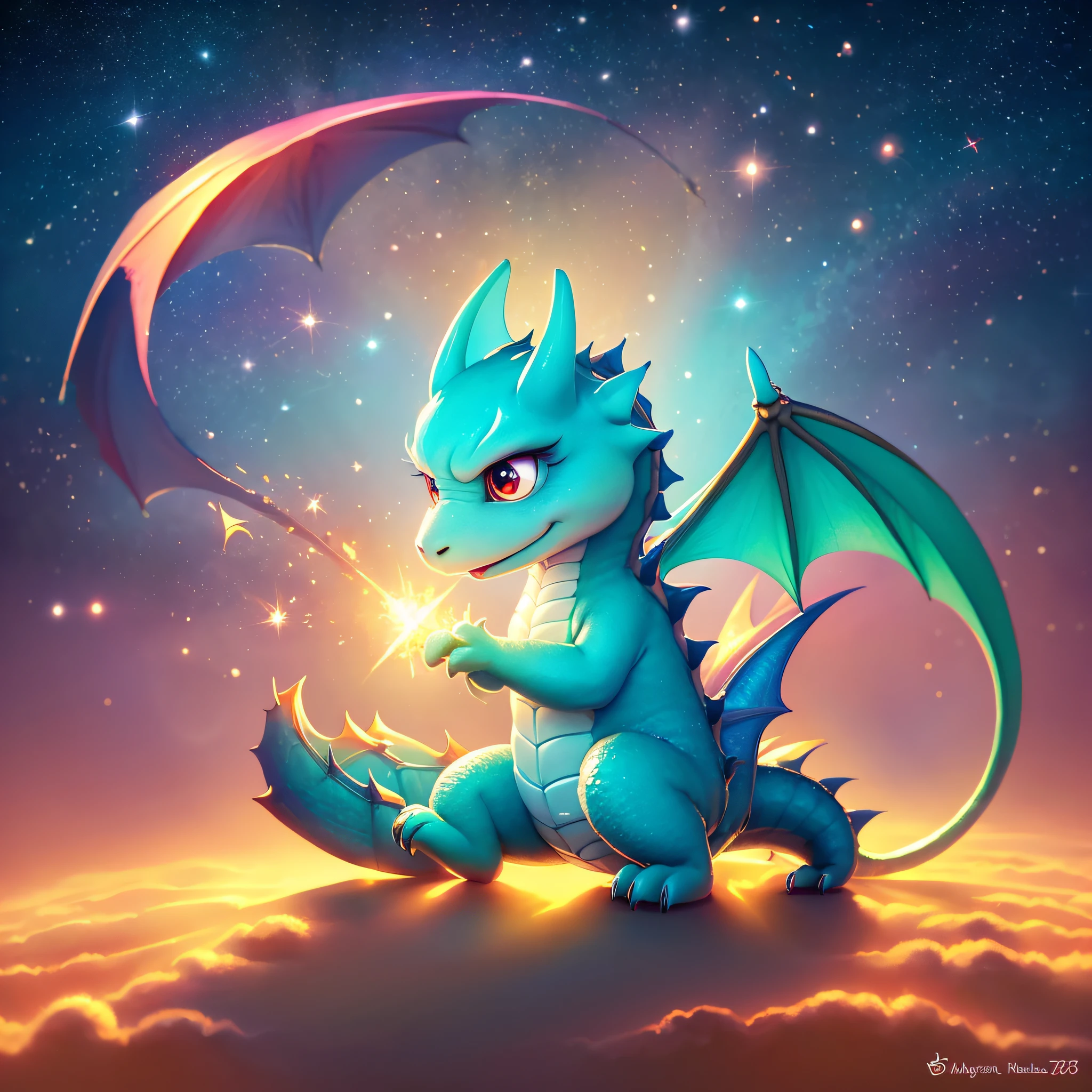 the cutest dragon in the world, hearts, love, happy, sparkles, glowing, digital art, kawaii, anime style