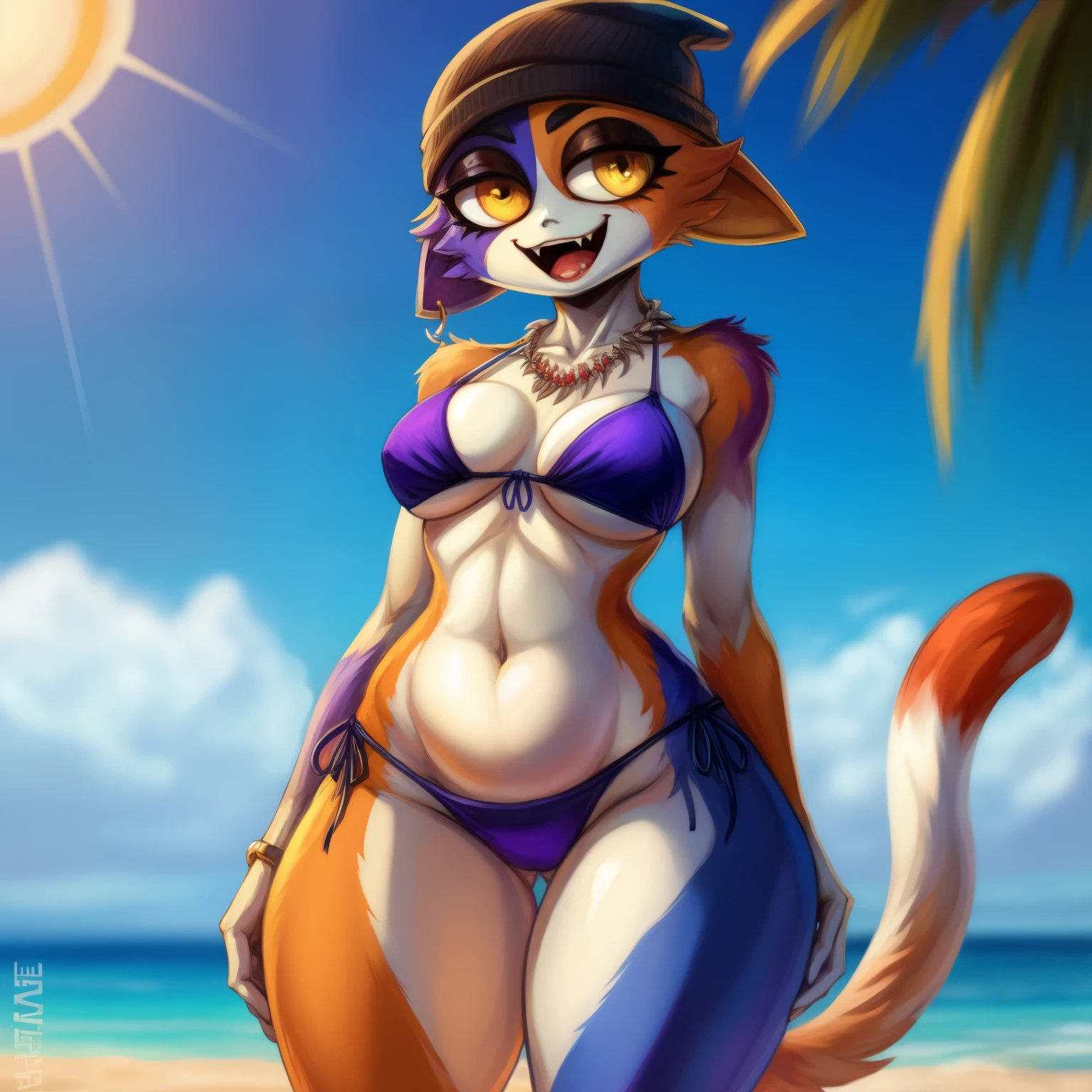 uploaded on e621, explicit content, 3d, bastika, cutesexyrobutts, hioshiru, female, solo, (best quality, masterpiece:1), solo, (shaded face:1.2), furry female anthro meowskulls, (noseless:1.3), standing, purple bikini, tail, smile, looking at viewer, open mouth, necklace,  wide-eyed, beanie,  belly button, fish hook piercing, (Beach background background:1.1), (cute fangs), (bikini), bright sun, midday, thick thighs, wide hips, closeup, beach setting,