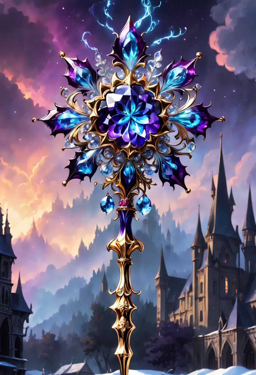 (8K, 16k, Award-winning, Best quality at best, Highest high resolution, super detailing, high detal, Anatomically correct, tmasterpiece, It's breathtakingly beautiful), flower scepter,There is a flower on the top of the scepter,Scepter made of crystal and white gold,Exquisite craftsmanship , flower scepter,Rare and precious, Complicated details,Golden flame,Purple magic,blue lightning,Magical ice and snow world background,(gothic art style:1.5),magic flower wand,Magic flower made of colorful metal,Exuding endless magical charm and brilliance