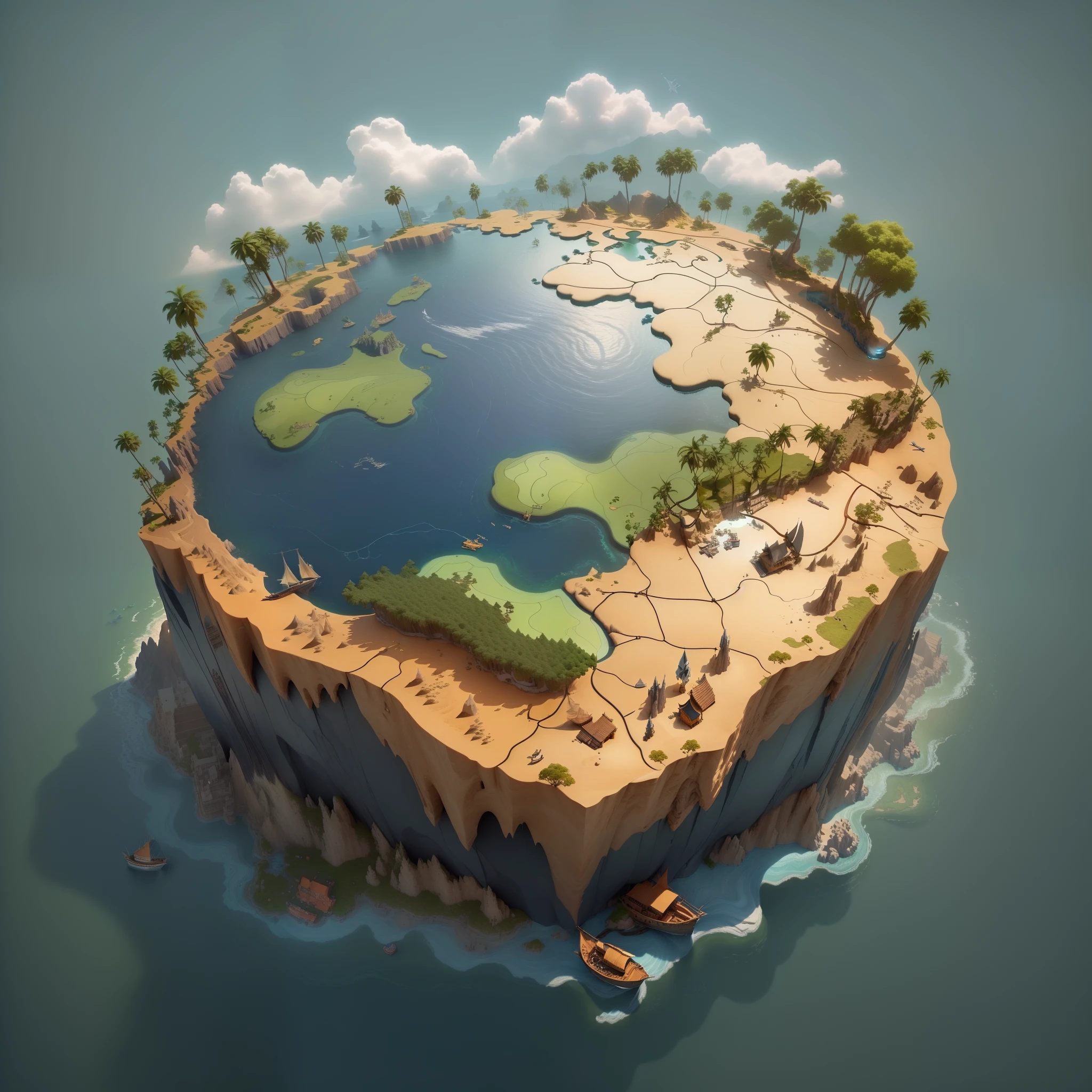 There is a small island、A boat is parked on it, 3 d epic illustrations, a beautiful artwork illustration, Isometric island in the sky, 4K HD wallpaper illustration, Isometric 3D Fantasy Island, Floating Island, isometric illustration, concept world art, beautiful 3 d concept art, Beautiful detailed illustration, cool 3d visualisation, very detailed illustration
