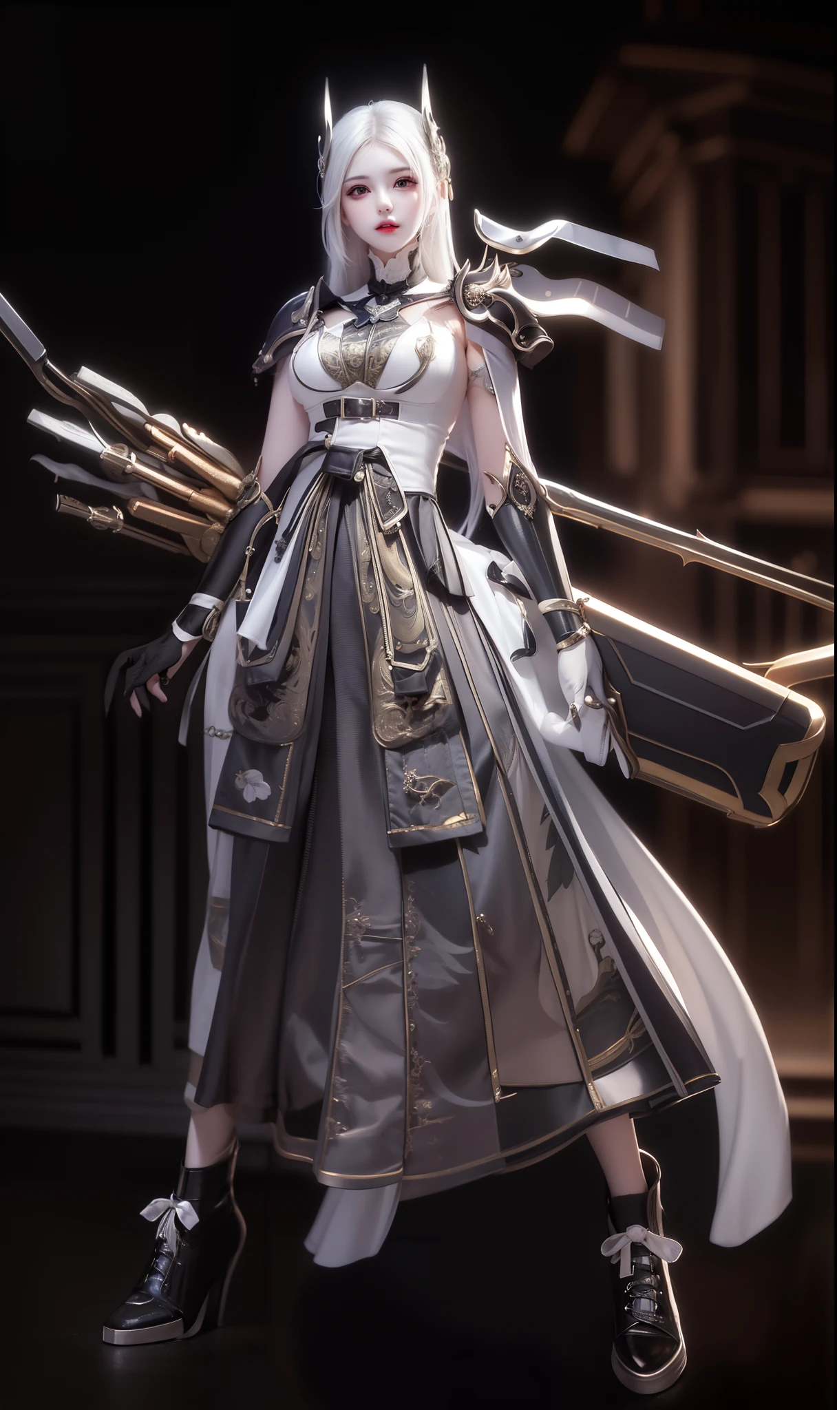 masterpiece, highest quality, (solo focus), (perfect face:1.1), (high detail:1.1),dramatic, 1guy, (pale skin), long white hair, white eyes, solo, long hair, moon, night, white luxury suit, vampire, covered navel, pouty lips, covered, victorian city, detailed background, gothic renaissance, cinematic lighting,