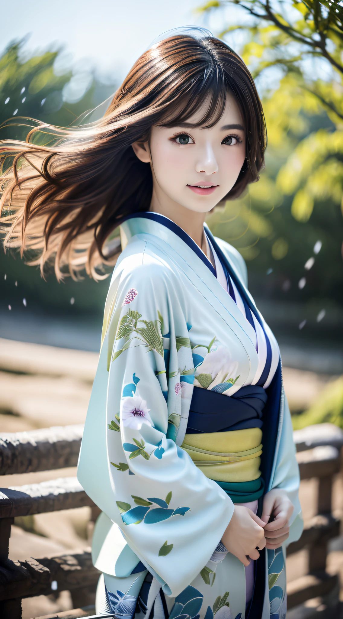 ((Kimono))、(full body Esbian)、(top-quality,masterpiece:1.3、超A high resolution)、(ultra-detailliert、Caustics)、(Photorealsitic:1.4、RAW shooting)、Ultra-realistic capture、A highly detailed、 Skin texture is natural、(voluminous hair)、25-years old、The skin looks healthy with an even tone、 Use natural light and color、One Woman、japanes、A dark-haired、Middle hair、(Hair swaying in the wind:1.1)、Light in the eyes、Looking at the camera、