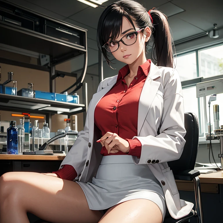 woman in the laboratory,40 years,sit a chair, put your feet up on the desk, Hands grabbing chest, Black hair, Silver-rimmed glasses, Pony tail,  C Cup, cleveage, White blouse, Short red skirt, Red jacket, neon light