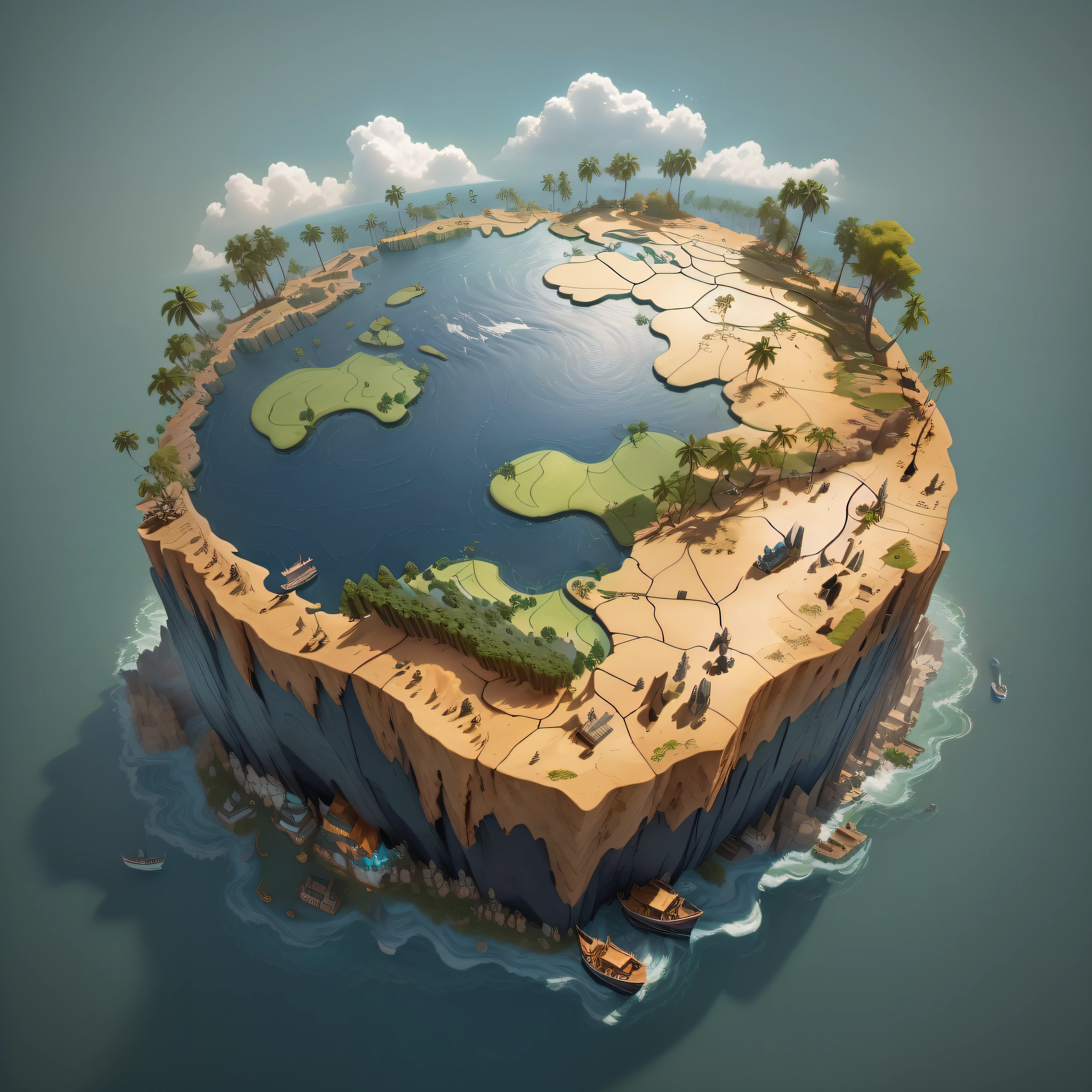 There is a small island、A boat is parked on it, 3 d epic illustrations, a beautiful artwork illustration, Isometric island in the sky, 4K HD wallpaper illustration, Isometric 3D Fantasy Island, Floating Island, isometric illustration, concept world art, beautiful 3 d concept art, Beautiful detailed illustration, cool 3d visualisation, very detailed illustration