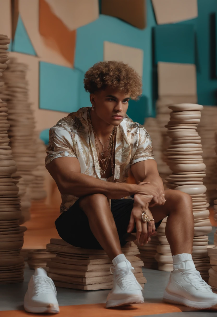 The image is of the character posing next to a stack of NFTs in a trendy art gallery in Miami.,original,25 years old, has shaved sides but curly hair on top. Lives in Miami. Drives a g wagon,