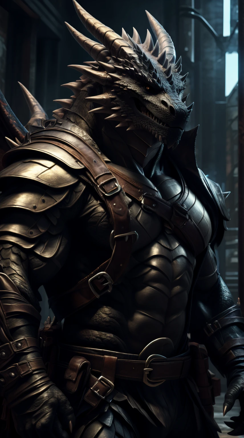 A dragon man, muscular, illustration, (best quality, 4k, highres, masterpiece:1.2), ultra-detailed, realistic, horror, sharp focus, vivid colors, abs, light armor, black body with scales, black eyes, in motion, belts with pouches and bag