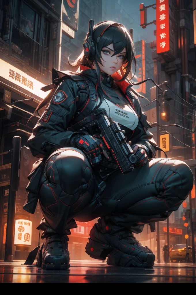 Muscle Special Forces Girl,eyes glowing, Wearing black special forces equipment, Gun in hand, full bodyesbian, Shoot at knee level, Cyberpunk, neonlight, Futuristic, surrealist, Red,。.3D, Redshift, Maxon Cinema 4D, Quaixel Megascan rendering, Doomsday colors, Red light, Futuristic, 1/3, High detail, Ultra high quality, illusory engine, 8K,