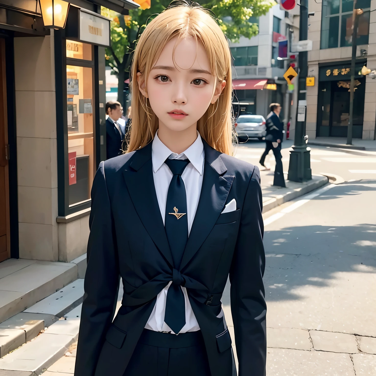 (masutepiece, Best Quality:1.2), 8K, Official art, Full body photo, full body Esbian、neck tie、skinny、14years、small tits、Eyes closed、Deep sadness、Sorrow、look up sky、screeming、 unbelievable Ridiculous, (Upper body, Dark blue suit:1.4), Beautiful Girl, Pretty Face, arching back down, Gold hair ornament on hair、Wearing a cute suit、close up, Wearing a suit, Short sleeve, gardenia, violaceaess, Teen, Street, Looking at Viewer, Film grain, chromatic abberation, Sharp Focus, face lights, Dynamic lighting, Cinematic lighting, Eyes and faces with detailed, Bokeh background, (1 Tie:1.2)