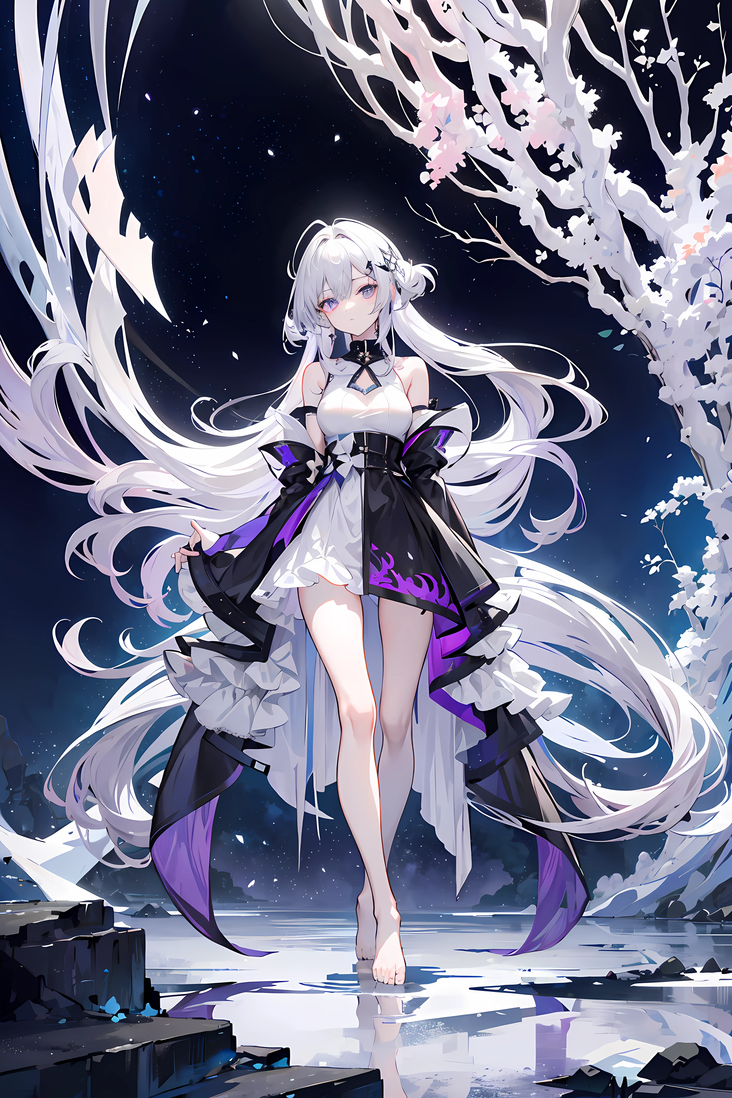 Lilac gradient hair,Asymmetrical hair,((Hair is very thick 1.8,Hair is well-defined1.6)), Hair over the shoulder, messy hair, Very long hair, shinny hair,(Long gray hair:1.2),A beautyful girl,(Luxurious Platinum Mini Lolita,Made of transparent material),(Transparent clothes transparent 1.8),perfect body figure,high and high,slenderness,(looking sad,Haggard complexion、pale nipples ,grieves,close your mouth:1.2) Against the backdrop of an unusually bright dark starry sky,(Place your hands behind your back),(Round, medium large, firm breast),Barefoot,afloat,waterface,(long leges,long leges,long leges,Perfect leg shape),Full body photo。