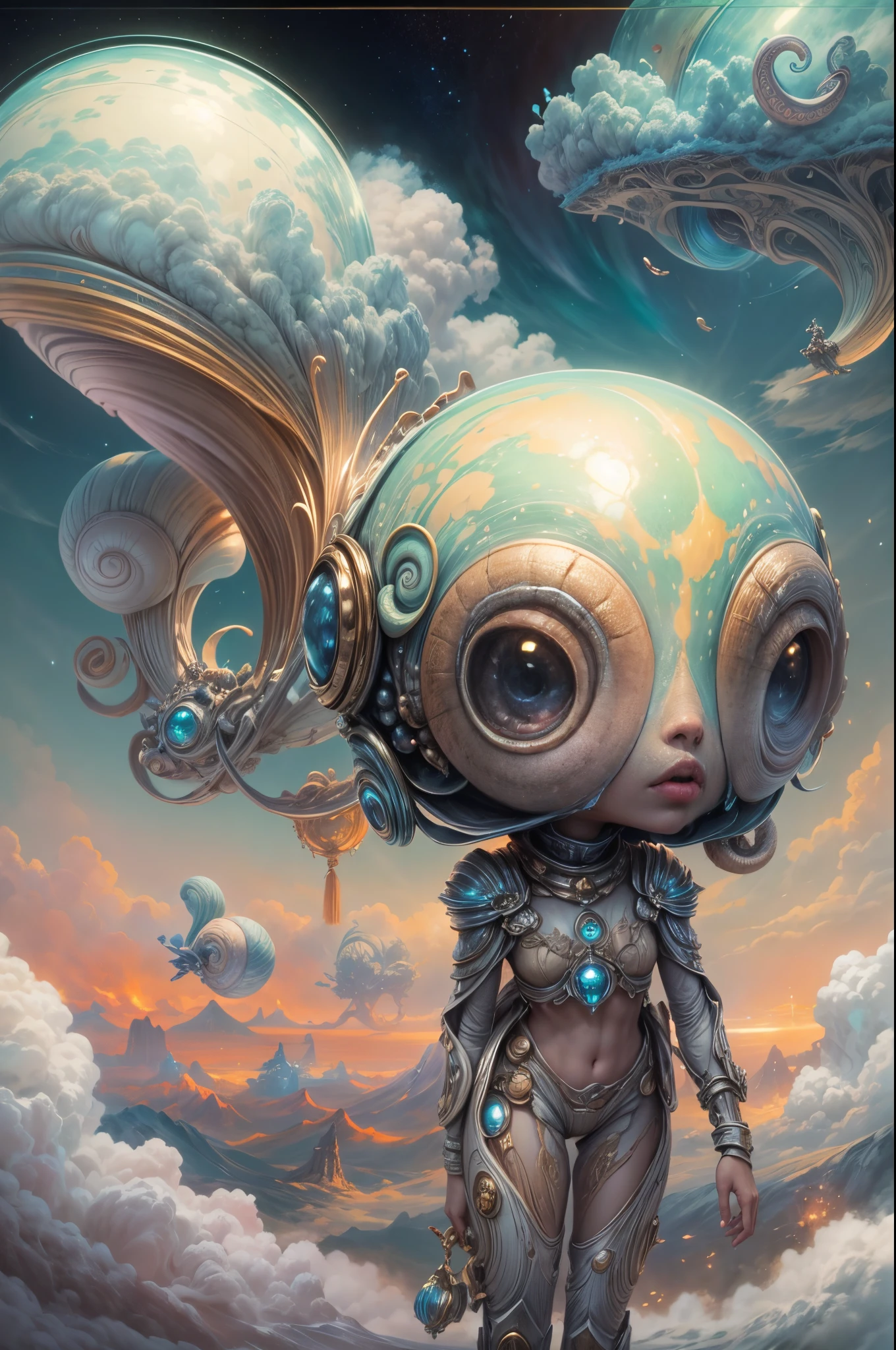 "Painterly depiction of an alien girl, her helmet exuding an otherworldly glow, a mystical snail companion, and dreamy clouds, a masterpiece of the fantastical."